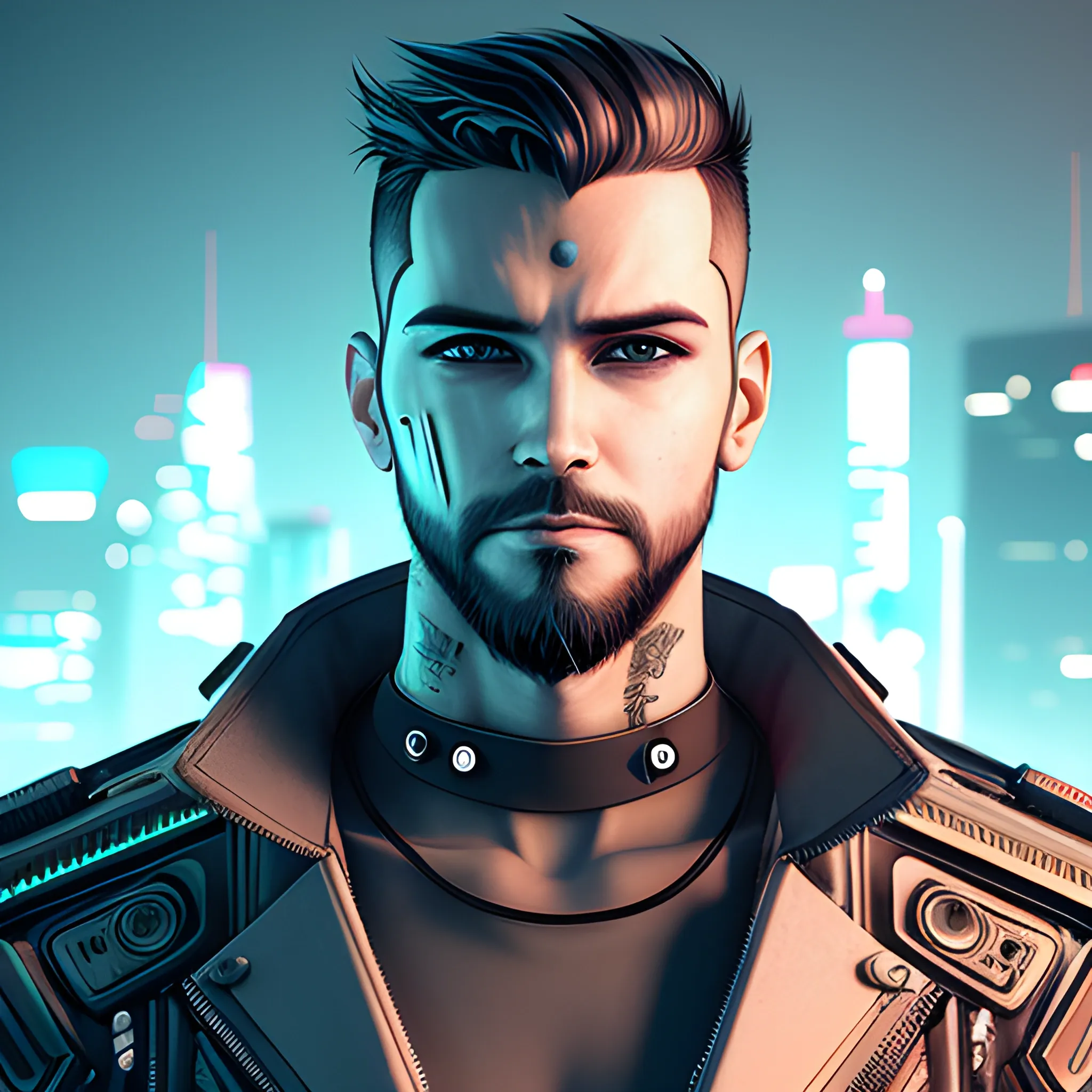 Cyberpunk man with short beard and spanic skin