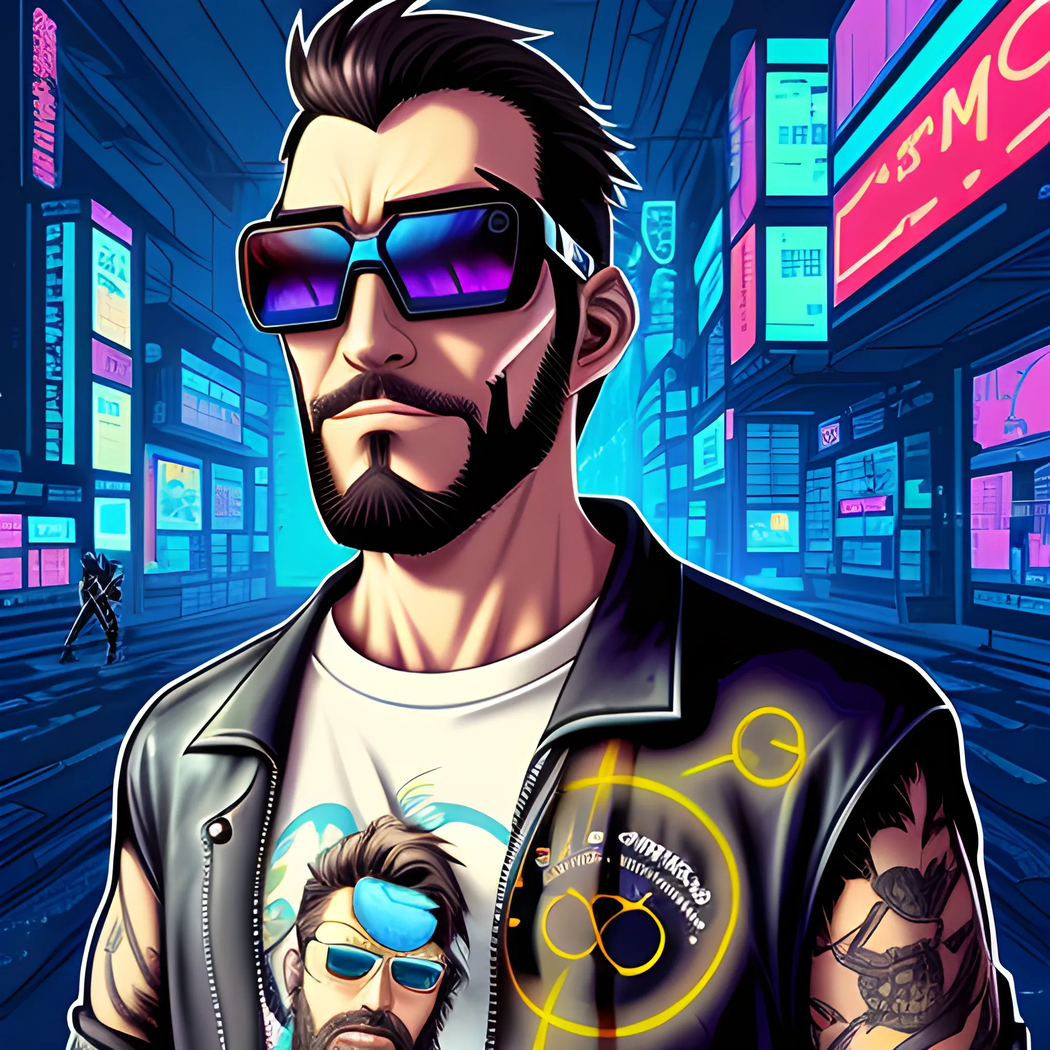 Cyberpunk man, with short beard, spanic skin, sunglasses, dreamcast shirt, cartoon