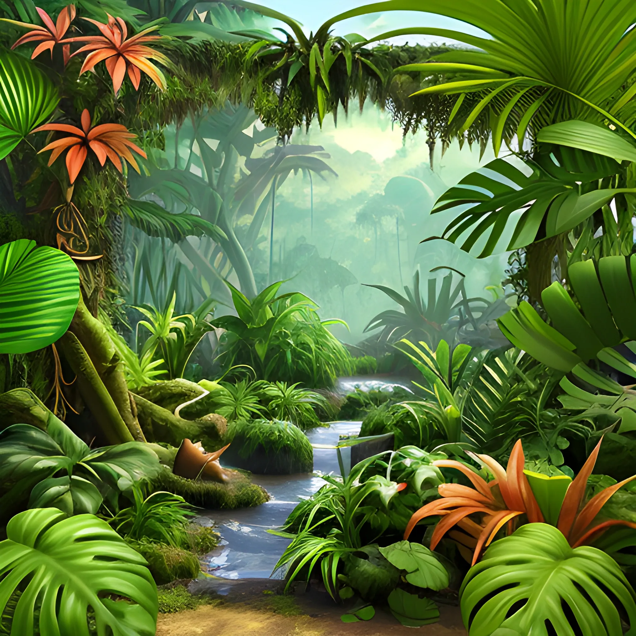 jungle scene with many different plants and no animals, 3D