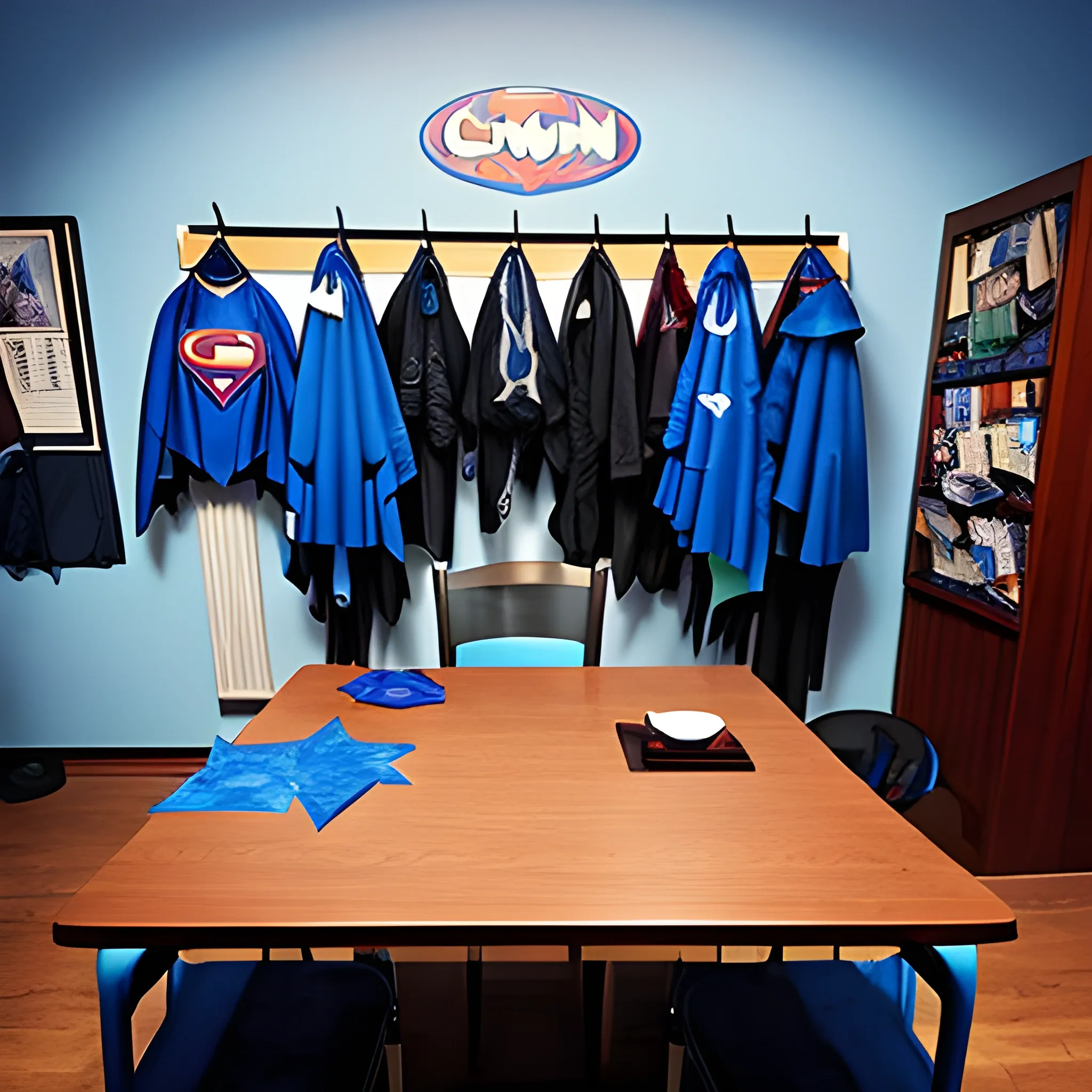 blue superhero cape
hanging from a coat rack and a table full of papers, Trippy