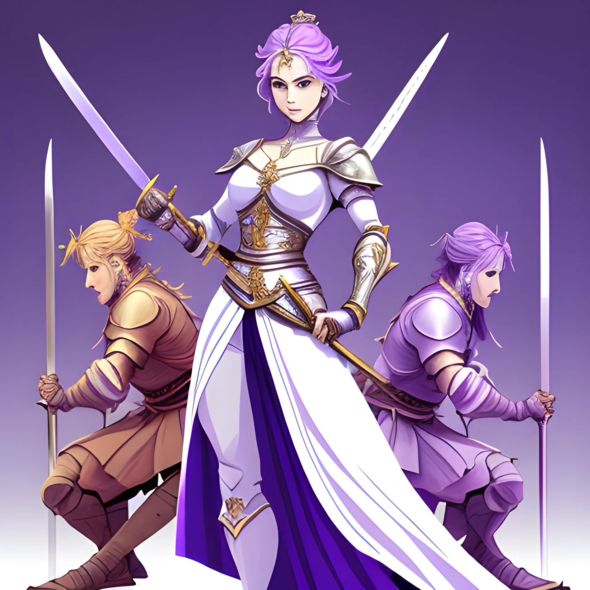 a woman holding swords and standing next to a sword, in the style of light purple and light indigo, 2d, dark white and light amber, dignified poses, li-core, group material, azure, Cartoon