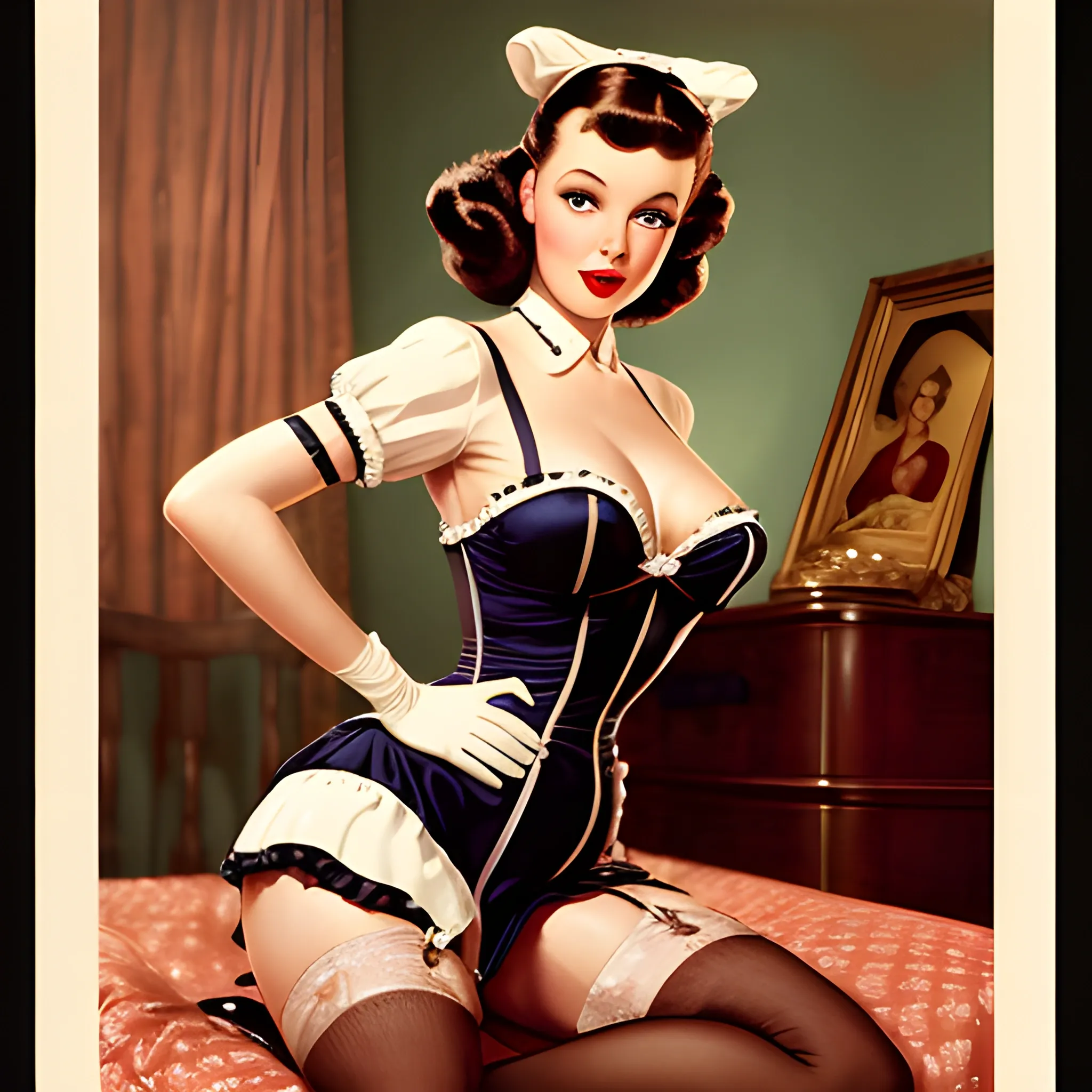 woman in room maid costume, pinup, detailed eyes, thigh stockings, deep decolletage, natural skin, by gil elvgren and rolf armstrong, realistic photo, looking back