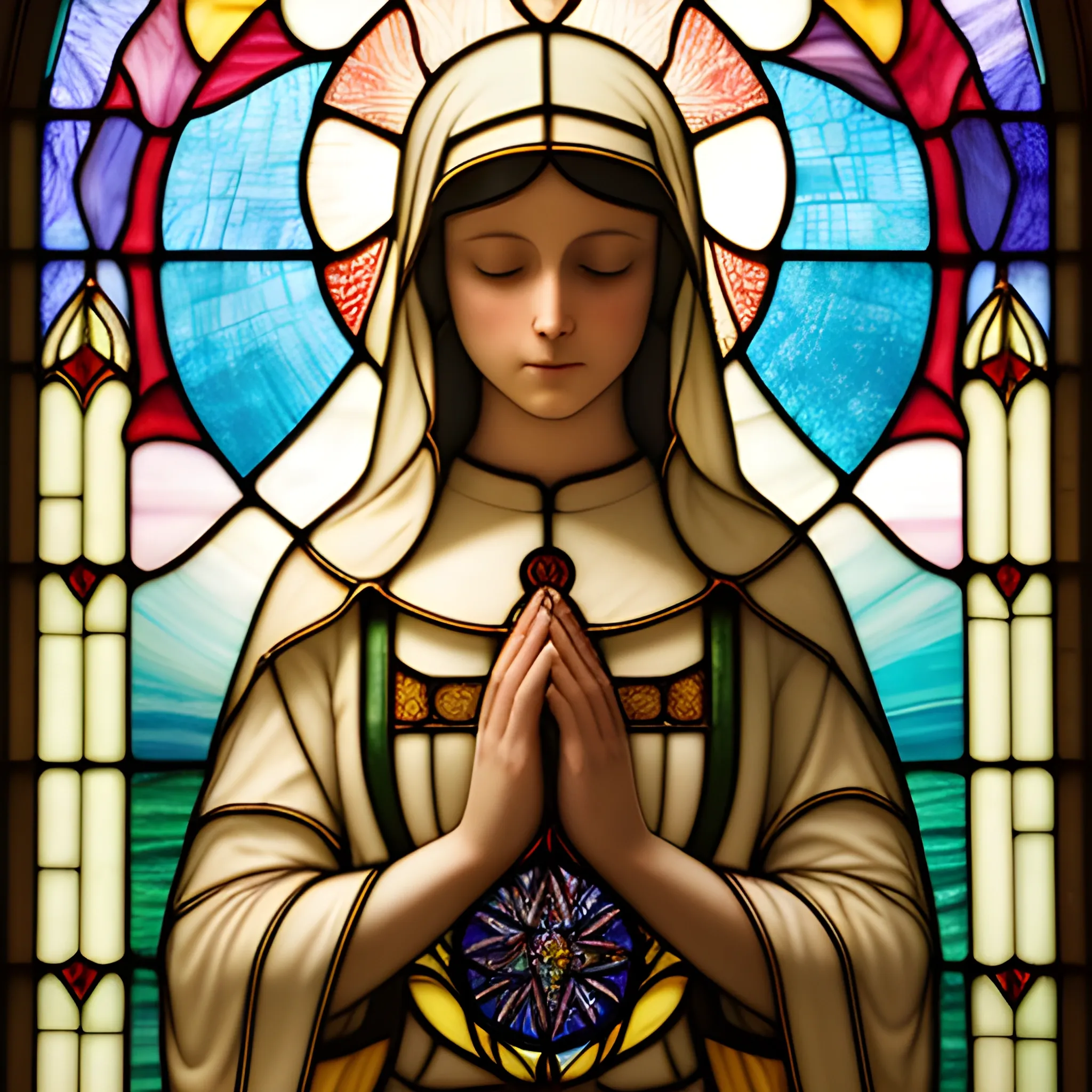 The image portrays a solemn and serene nun in prayer, captured in the timeless beauty of a stained glass artwork. She stands at the center, her eyes gently closed and hands devoutly clasped, embodying a deep spiritual reverence. Her traditional habit flows gracefully, detailed with folds and shadows that add to the realism of the portrayal. Behind her, a halo of golden light radiates, symbolizing her holy devotion.

Above and around her, angels descend gently from the heavens, their wings outstretched and adorned with an array of soft, pastel colors that give a sense of their ethereal and divine nature. Each angel carries an aura of peace and benevolence, contributing to the sanctity of the scene. The background features a lush landscape with hints of a sunrise or sunset on the horizon, suggesting the promise of hope and renewal. The stained glass divides light and color into intricate patterns, with lead lines meticulously defining every detail, from the angels' feathers to the nun's contemplative expression. The bottom of the artwork is adorned with floral motifs, adding an element of earthly beauty to the celestial theme. This stained glass masterpiece evokes a sense of tranquility and divine grace, perfect for inspiring contemplation and reverence.