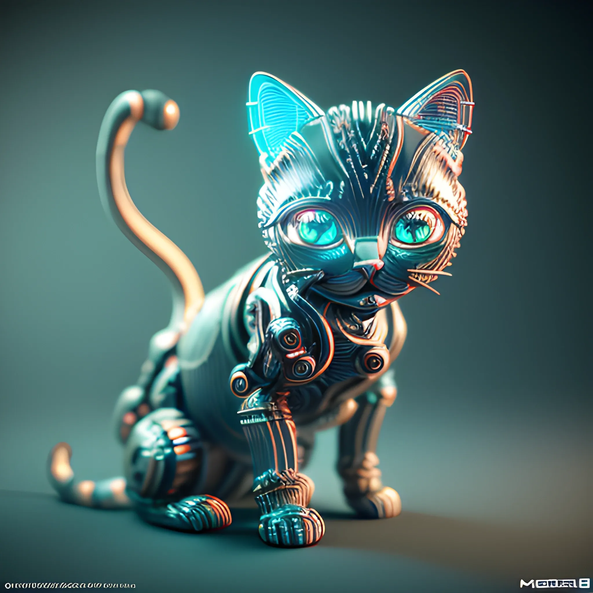 A hyper-detailed complex 3d render of a cute cyborg kitten made out of metal, glowing cinematic, detailed wire, vibrant details, unreal engine, octane render, cinematic shot, flawless detail, award-winning, expertly crafted, meticulously composed photography, creative, 8k, rim light, dynamic lighting