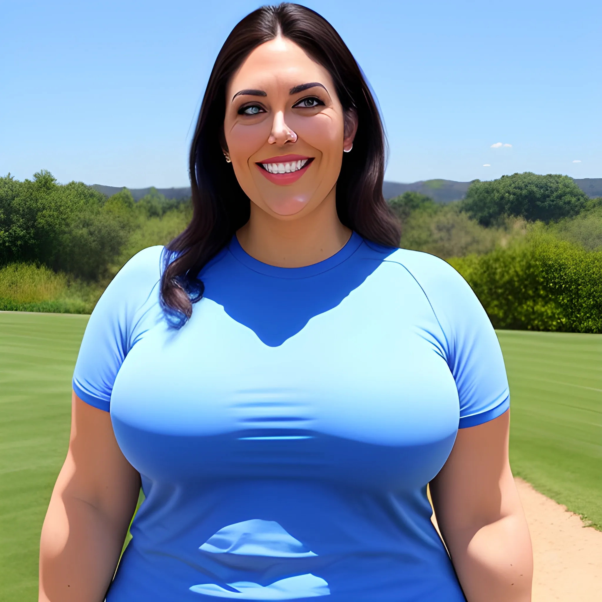 8 ft tall beautiful strong muscular slightly plus size teenage girl with small head and broad shoulders in T-shirt and shorts standing with gentle smile under blue sky