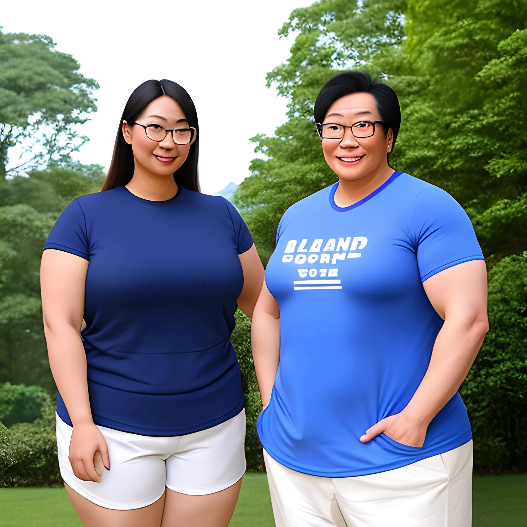 9ft tall beautiful strong muscular slightly plus size teenaged asian girl with small head and broad shoulders in T-shirt and shorts with glasses standing with gentle smile under blue sky next to her 5 foot tall friend
