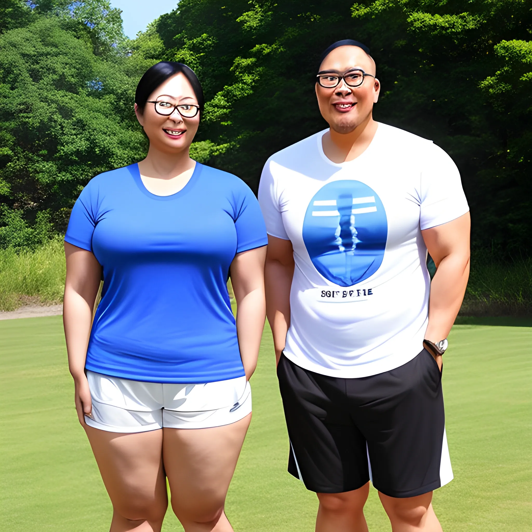 9ft tall beautiful strong muscular slightly plus size teenaged asian girl with small head and broad shoulders in T-shirt and shorts with glasses standing with gentle smile under blue sky next to her 5 foot tall friend
