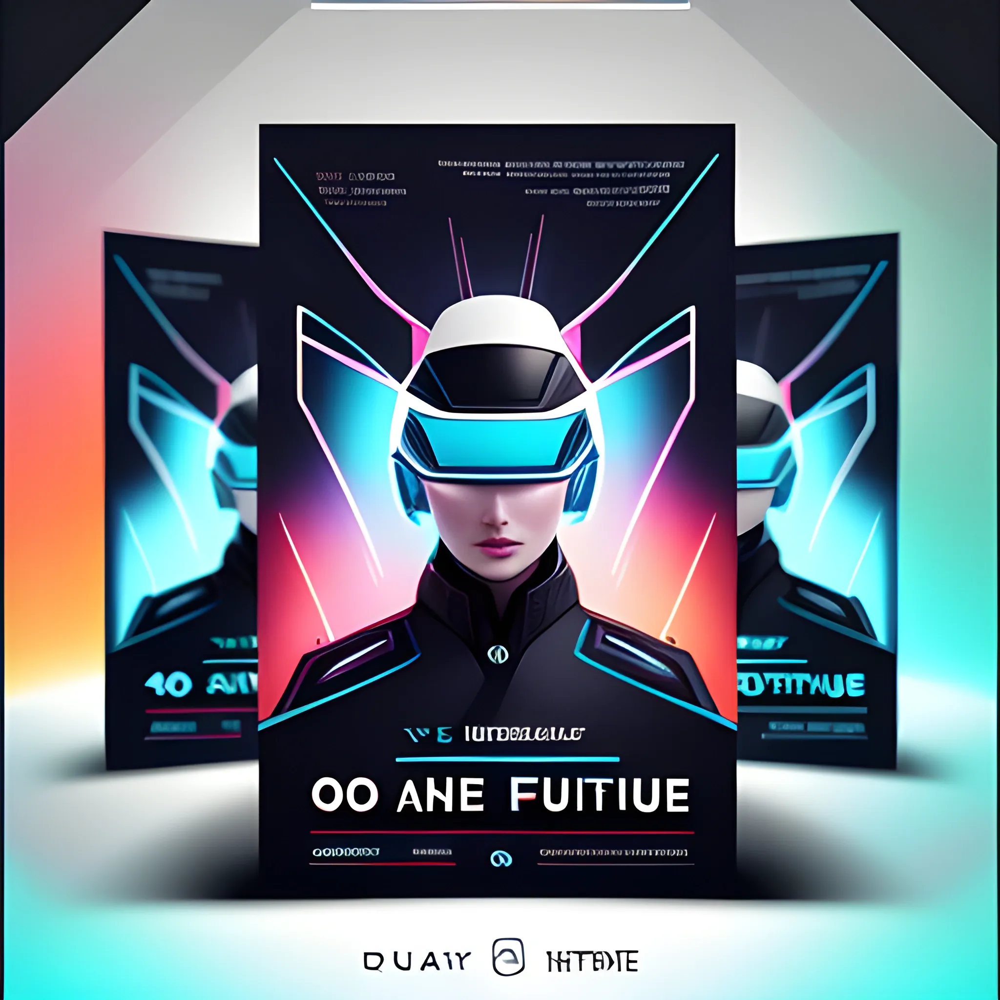 flyer design template with a futuristic theme, full of color, very sophisticated, really depicts the future, elegant, very real images, HD, cinematic experience, 8k, fantasy digital art, HDR, UHD., 3D