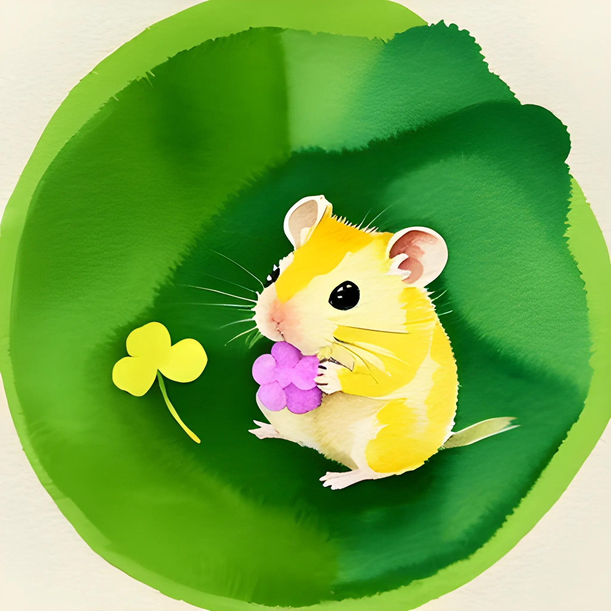 yellow hamster, lofi, four leaf clover, cute, water color