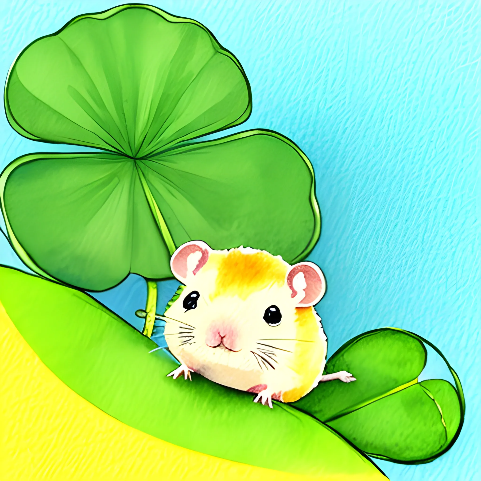 yellow hamster, lofi, four leaf clover, cute, water color, simple, hand drawing, cartoon