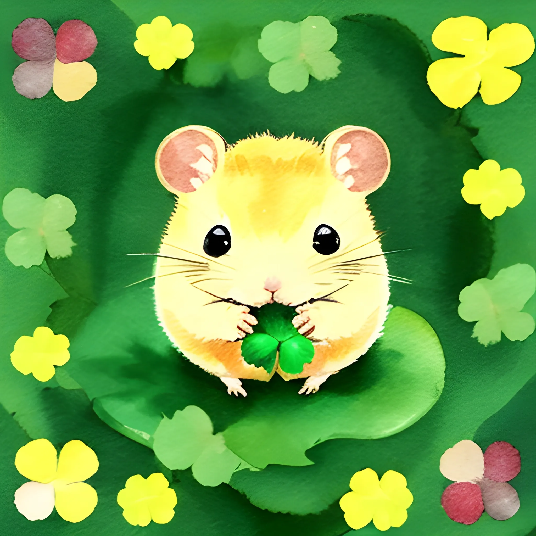 yellow hamster, lofi, holding four leaf clover, cute, water color, peace, chibi