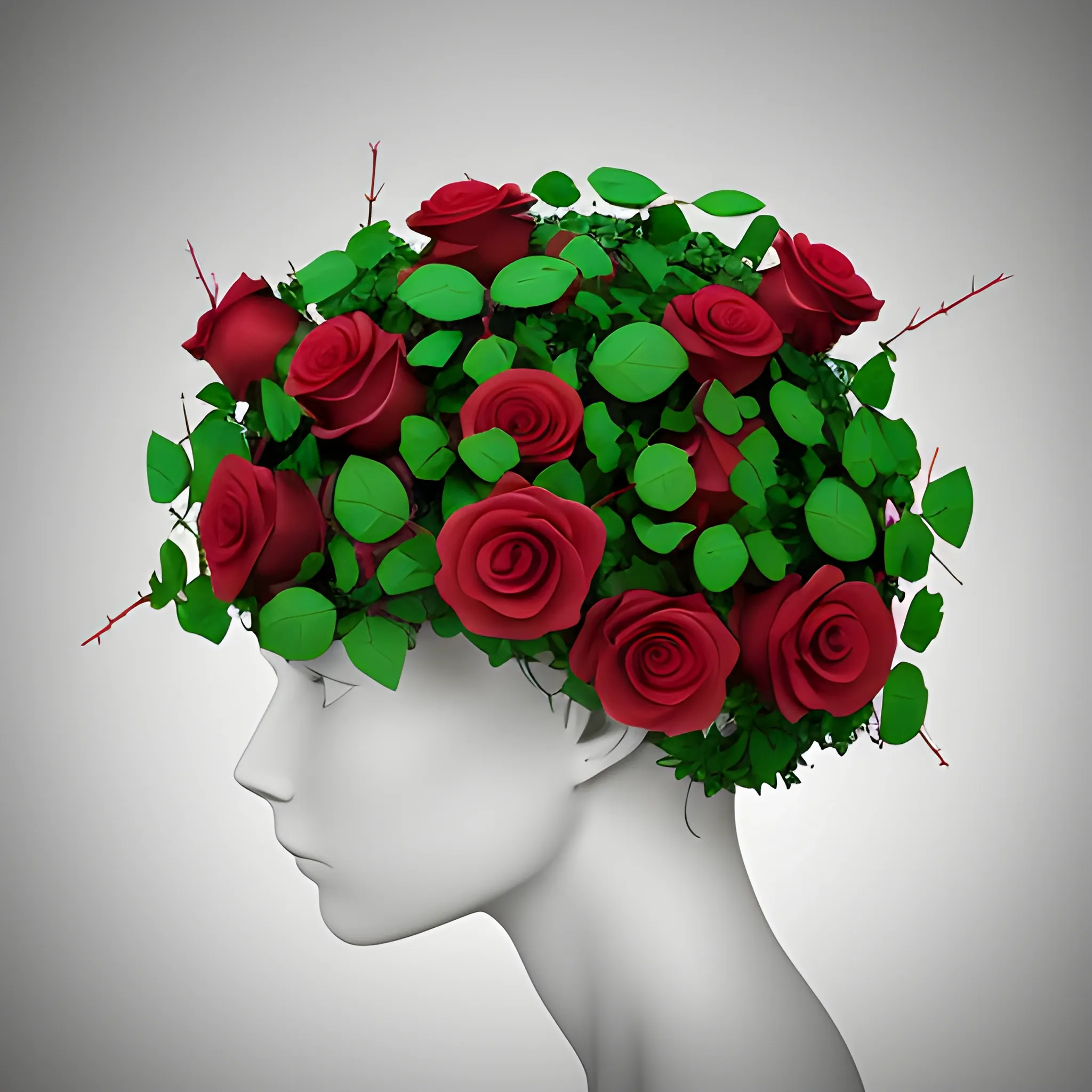 brain only with red roses and green vines with thorns on them growing out of the brain like a garden, 3D