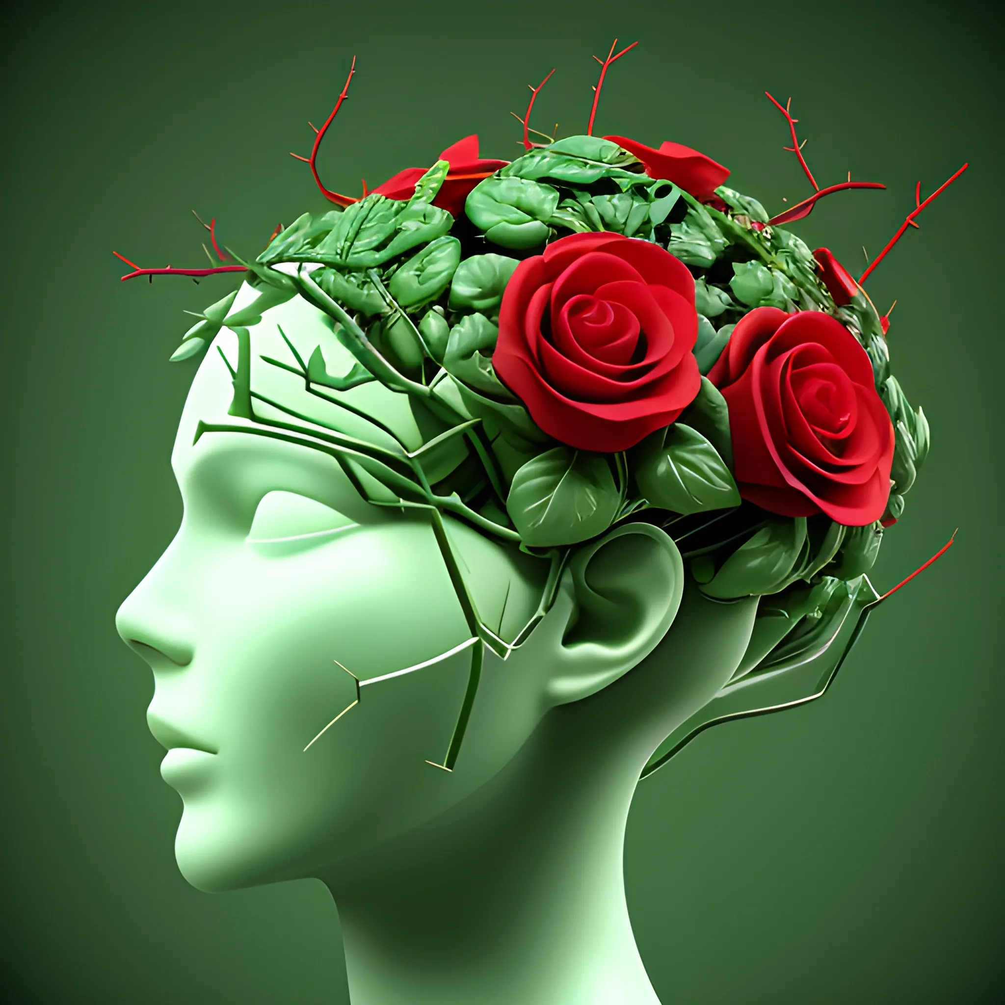 brain only with red roses and green vines with thorns on them growing out of the brain like a garden, 3D
