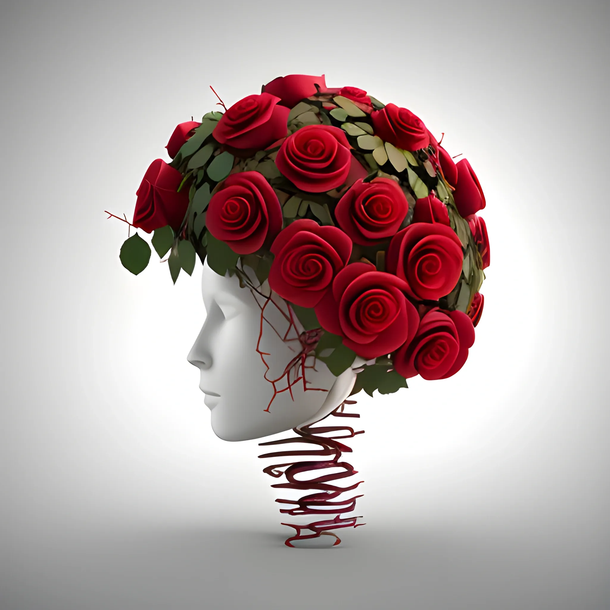 brain only with red roses and brown vines with thorns on them growing out of the brain like a garden, 3D