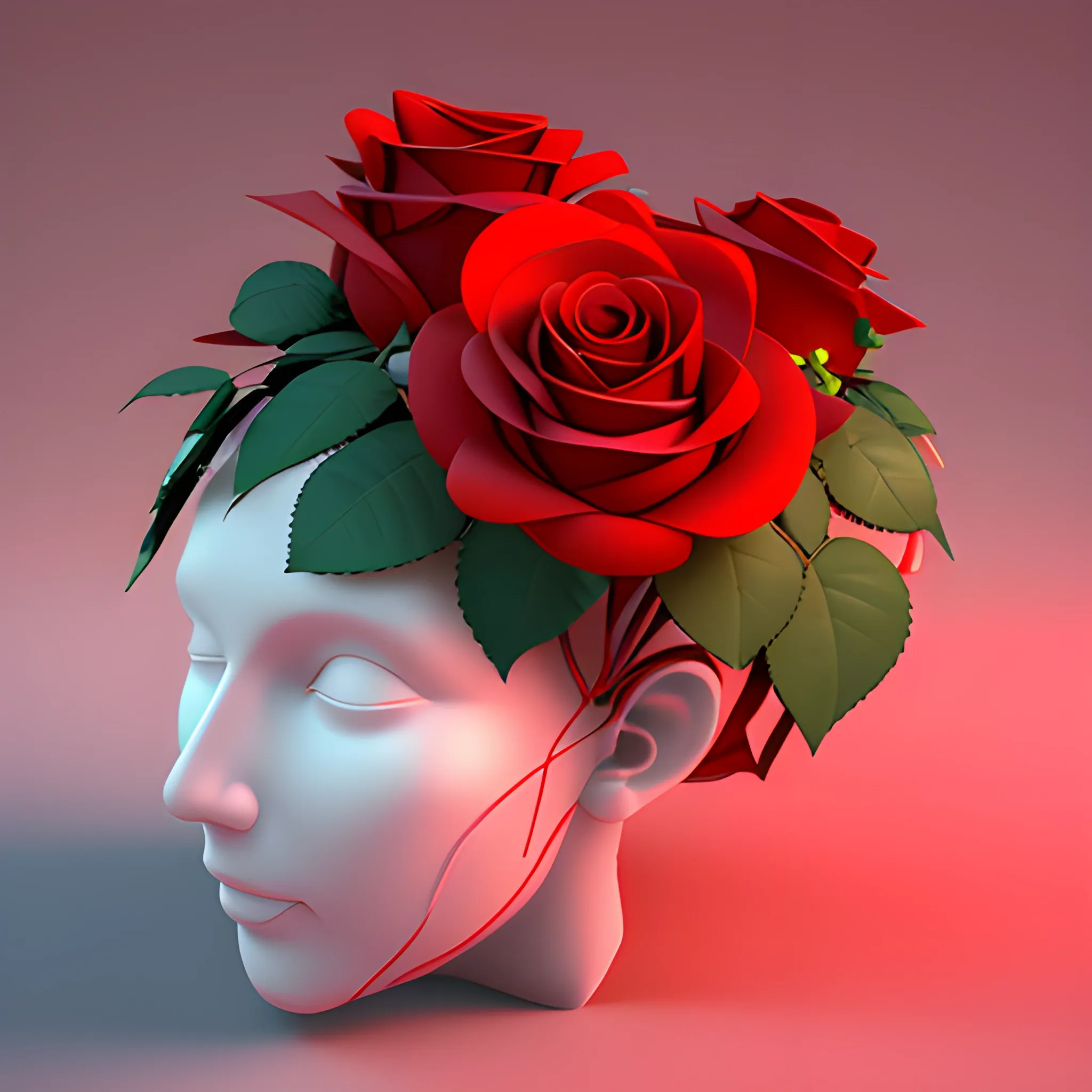 Red roses growing out of brain, 3D