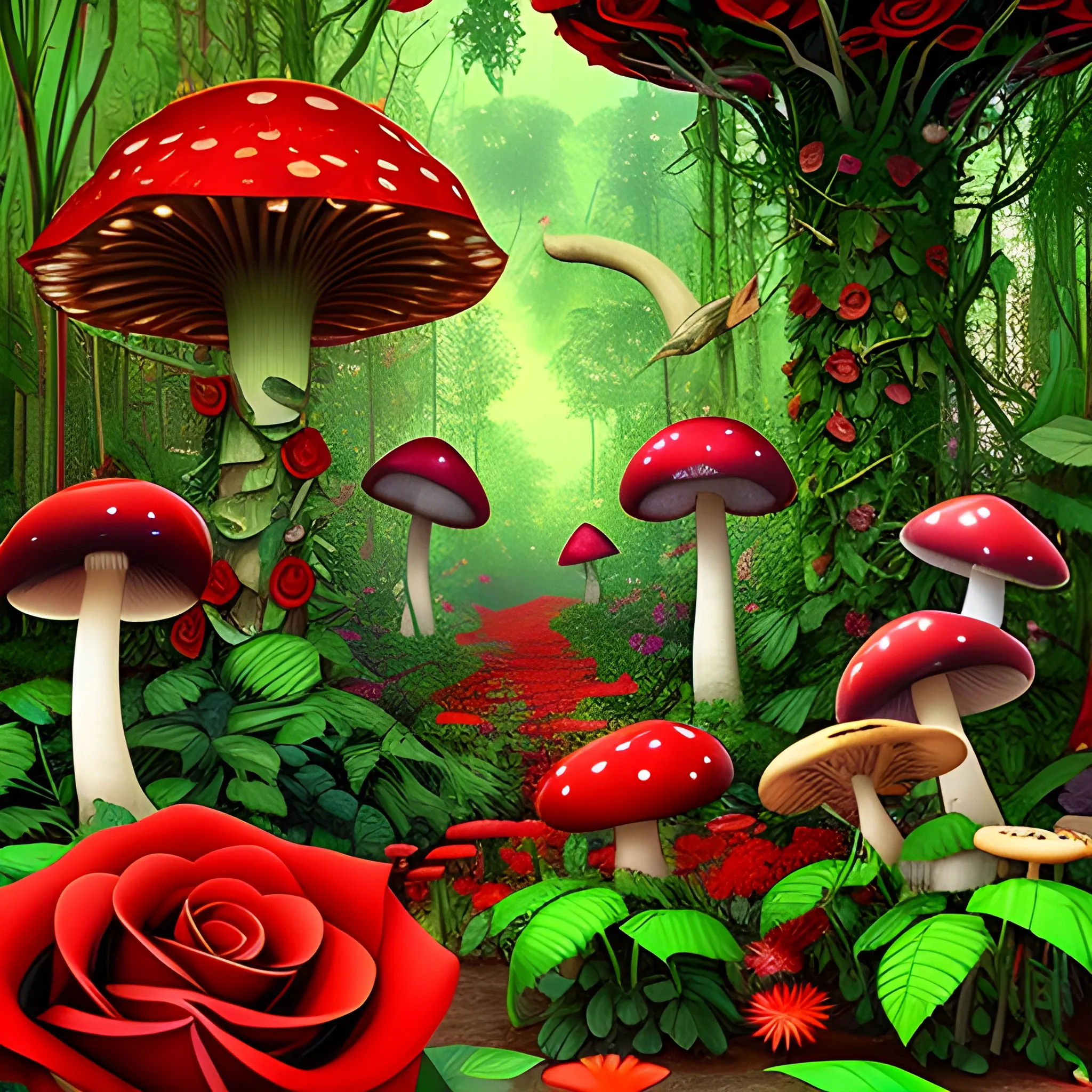 Jungle full of red roses, and flowers of the different colors and mushrooms, 3D, Trippy