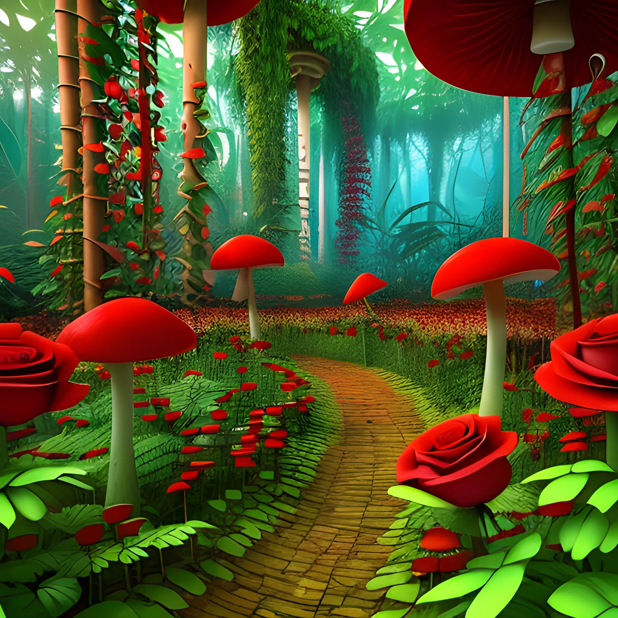 Jungle full of red roses, and flowers of the different colors and mushrooms, 3D