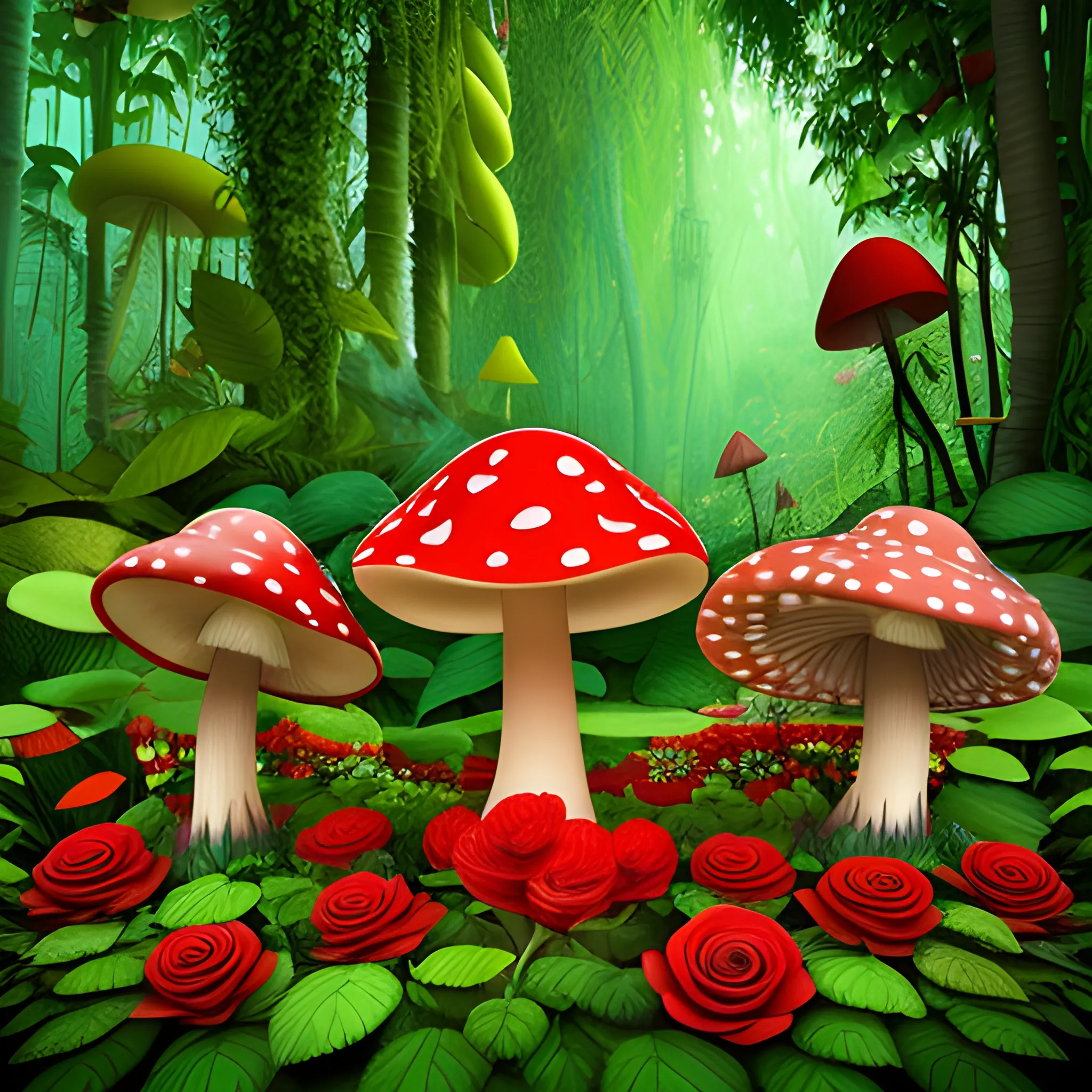 Jungle full of red roses, and flowers of the different colors and different colors mushroom,3D