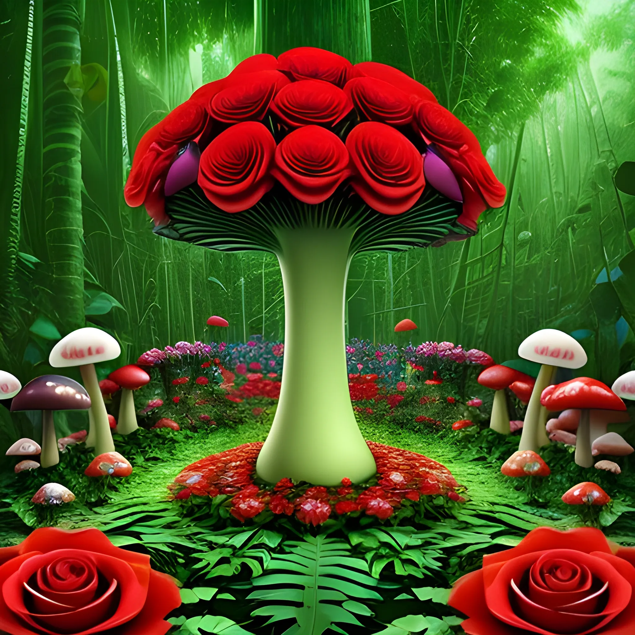 Jungle full of red roses, and flowers of the different colors and different colors mushroom,3D, Trippy