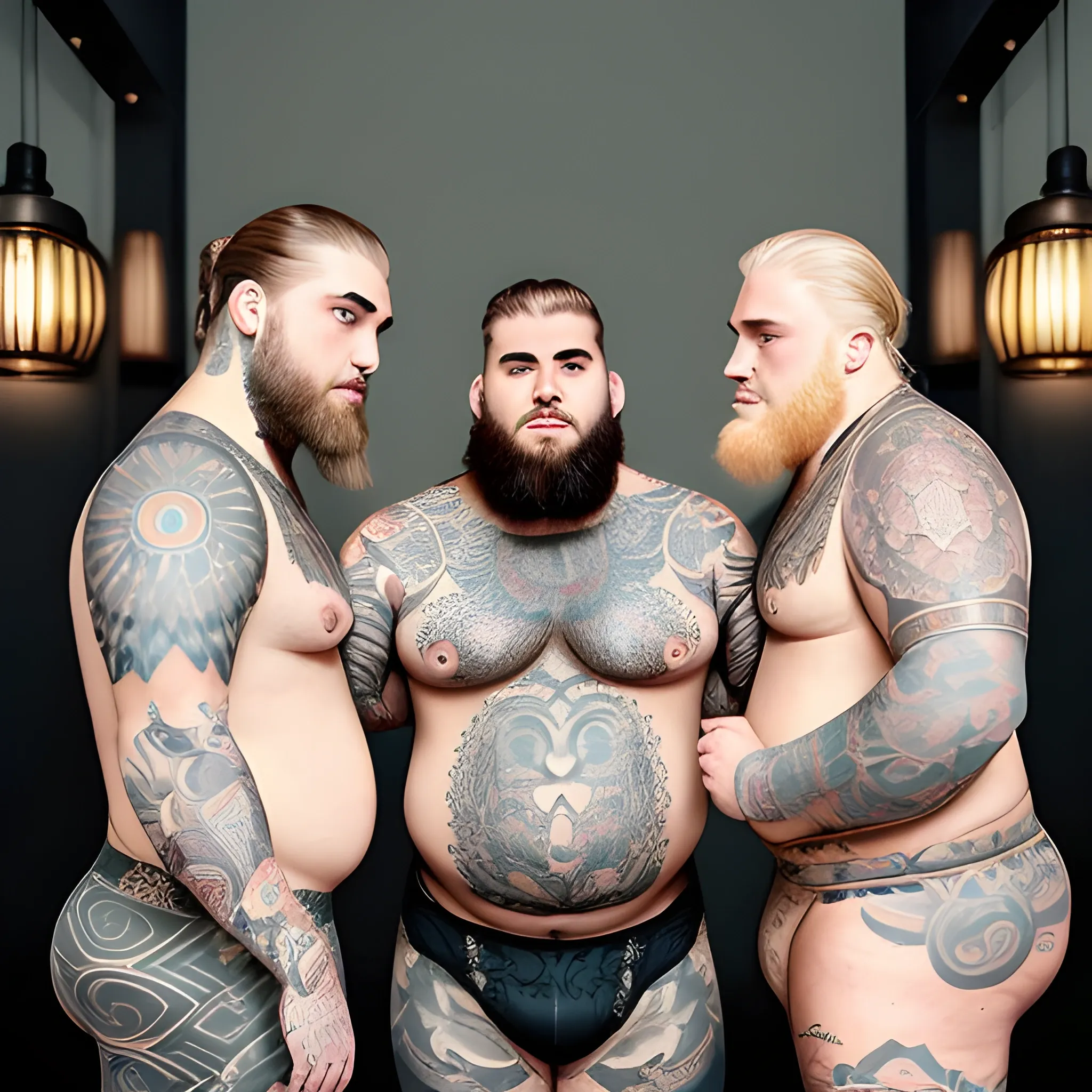 2 large tattooed men, curvy lady in middle of men with shoulder lenght blonde hair, one man has a manbun
