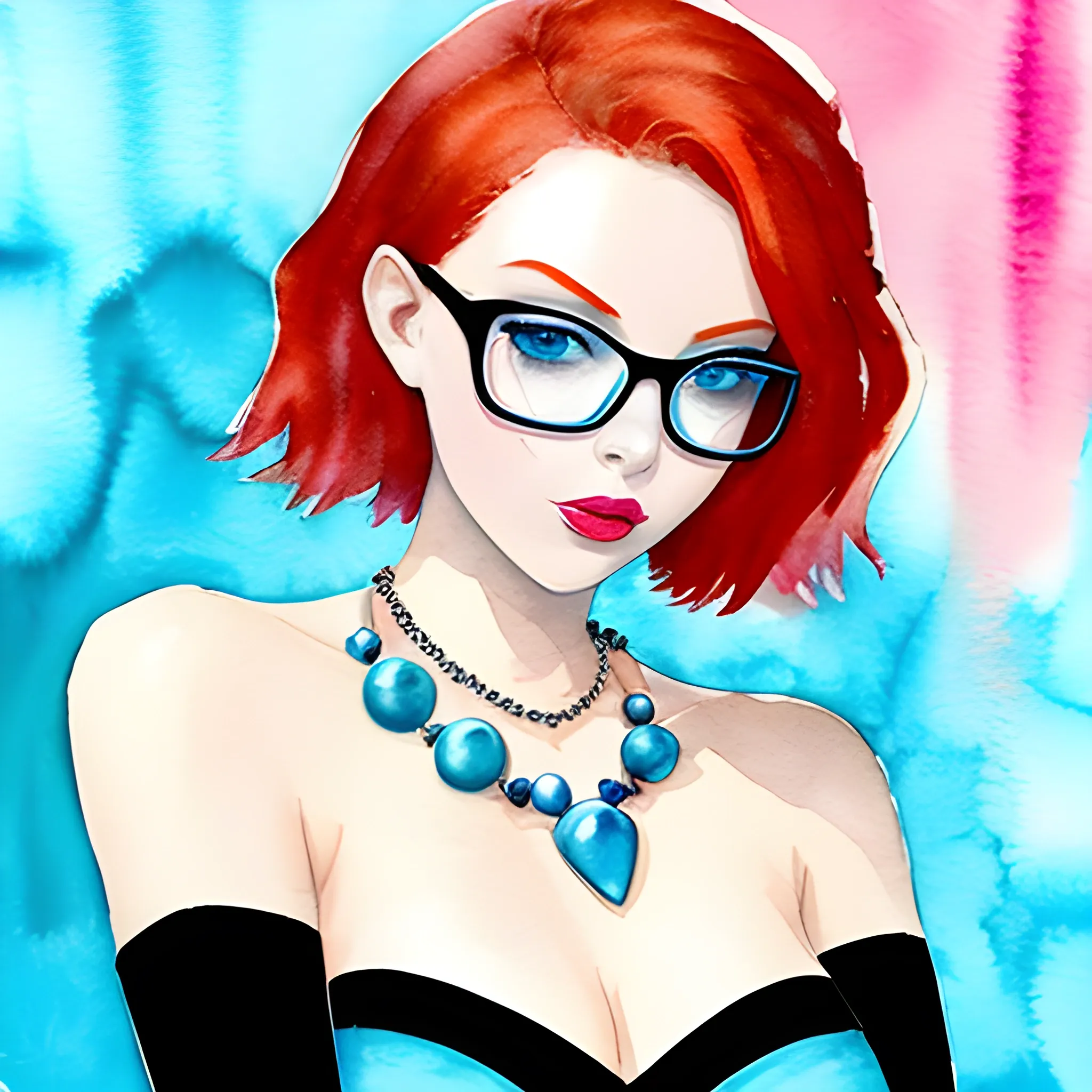 red hair,short hair,blue eye shadow,green triangular frame glasses,blue pearl necklace,pink lips,blue eyes, velvet, blue gloves, strapless dress, blue dress, strapless, elbow gloves, bare shoulders, dress, gloves, blu3v3lv3t, red and white dress, strapless, sleeveless, striped dress, striped, p0pc0rn, Water Color, Water Color, Water Color, Water Color, Water Color