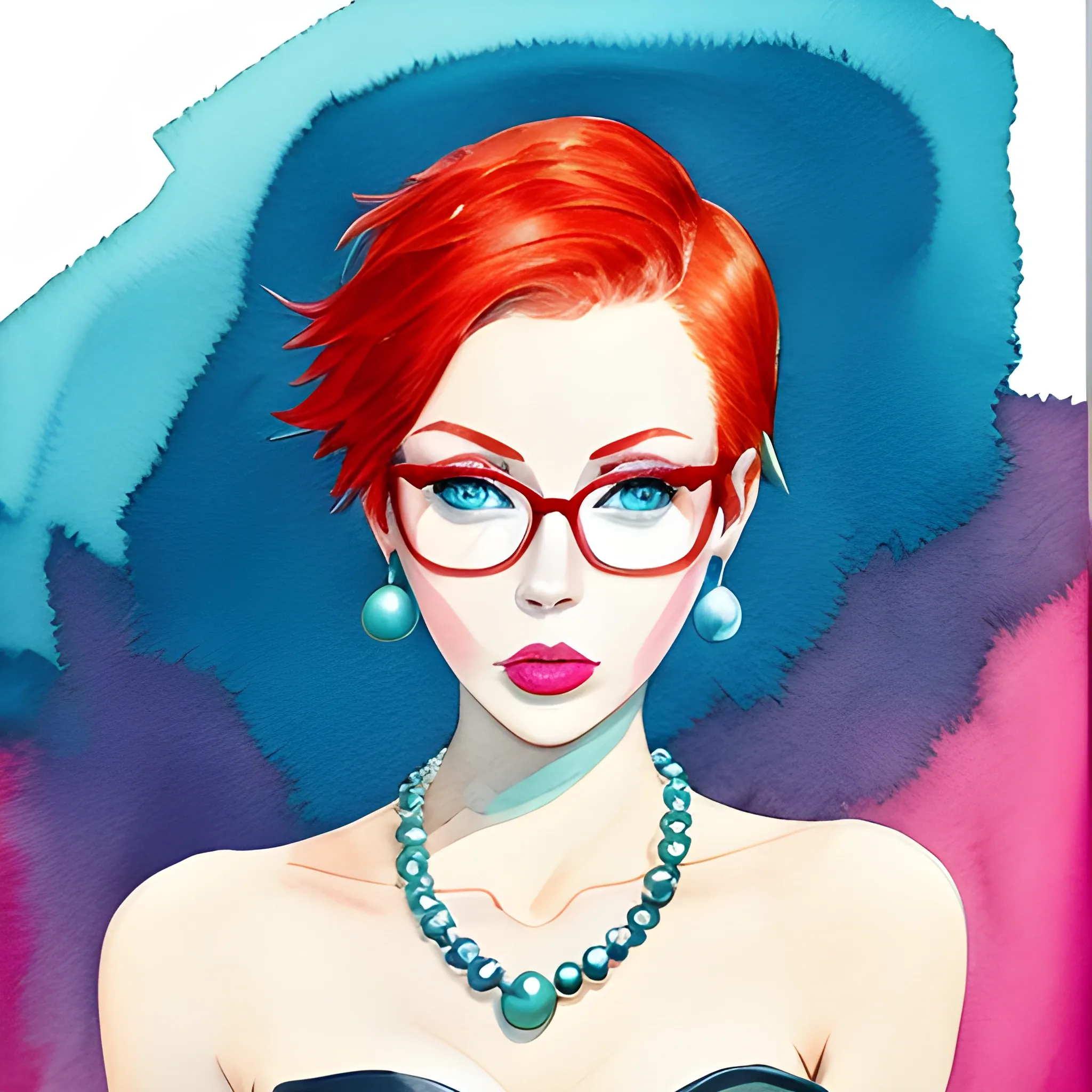 red hair,short hair,blue eye shadow,green triangular frame glasses,blue pearl necklace,pink lips,blue eyes, velvet, blue gloves, strapless dress, blue dress, strapless, elbow gloves, bare shoulders, dress, gloves, blu3v3lv3t, red and white dress, strapless, sleeveless, striped dress, striped, p0pc0rn, Water Color, Water Color, Water Color, Water Color, Water Color, Trippy, Trippy