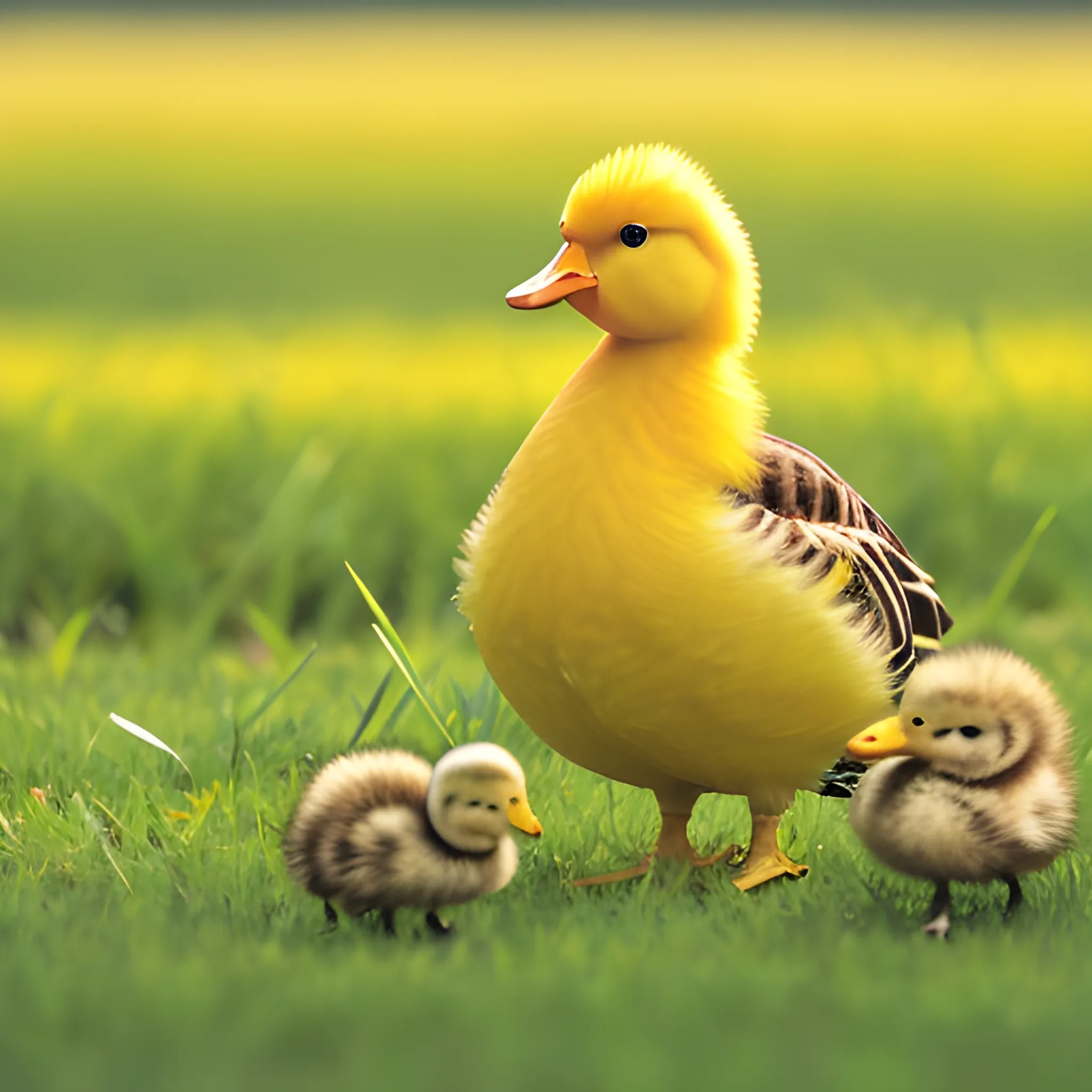 A cheerful yellow chick curiously explores its surroundings. It stands on lush green grass, surrounded by other chicks and the protective presence of its mother duck. The sun shines warmly from the sky, casting a bright light over the scene, high key lighting