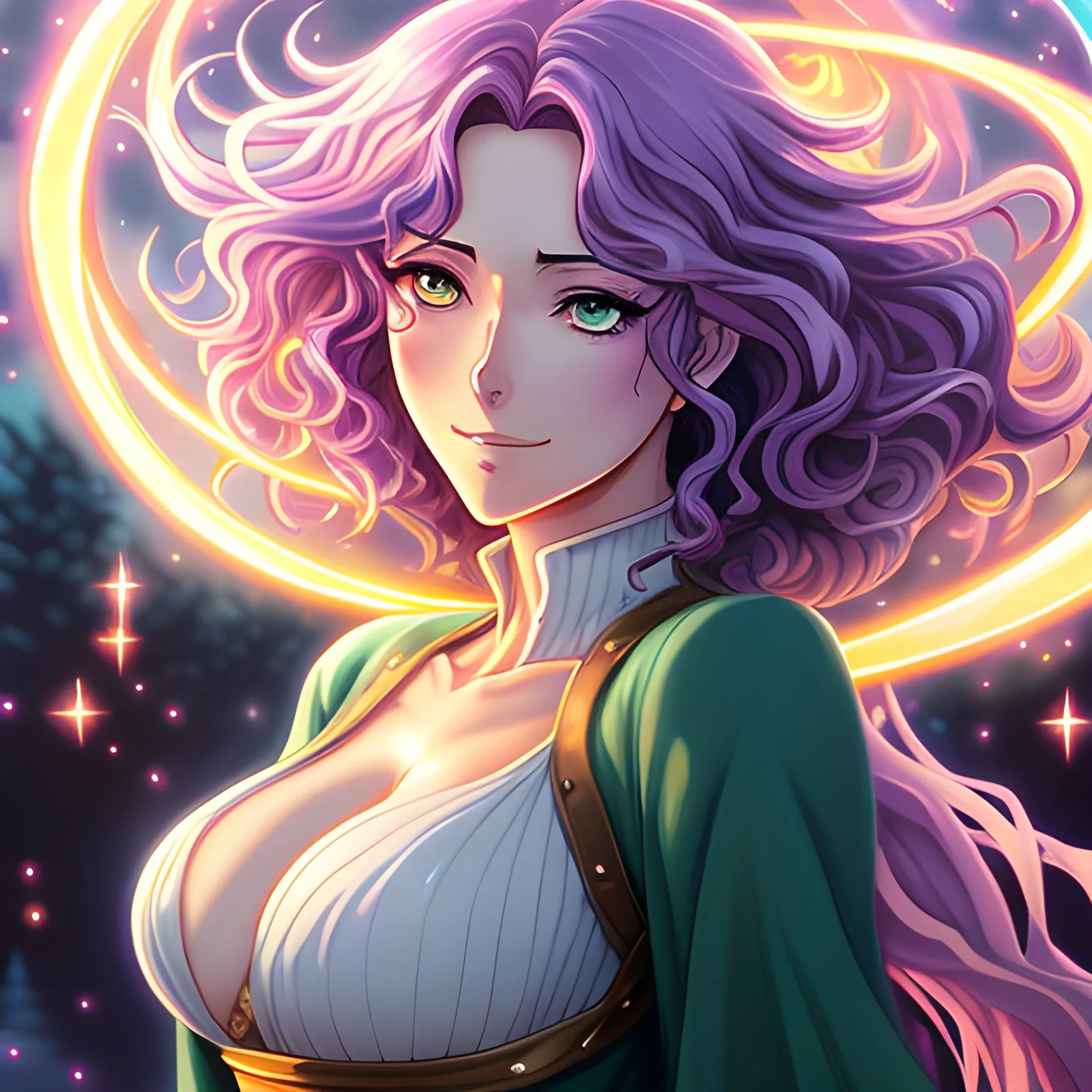 anime art  of  young teen girl who looks like at Sanni Mccandless, d&d magic fantasy, light curly hair, casting a bright large-scale magical spell around herself, a slightly sad look, highly detailed, digital painting, art by studio ghibli
