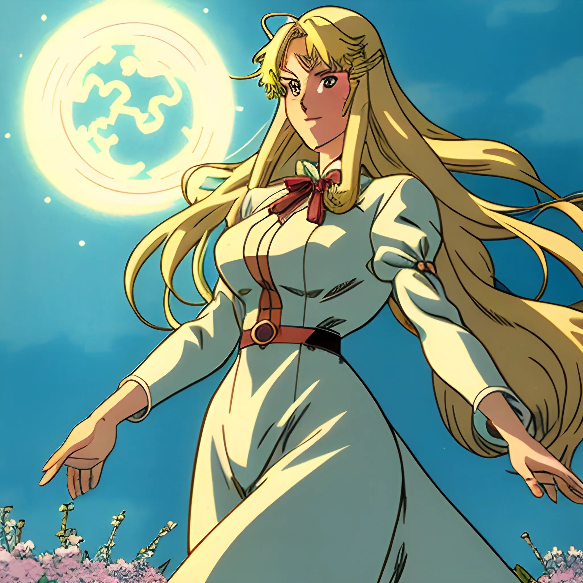 vintage anime art of young teen girl who looks like at Sanni Mccandless, , blond semi-long hair, casting a bright large-scale magical spell around herself, a slightly sad look, highly detailed, art by studio ghibli