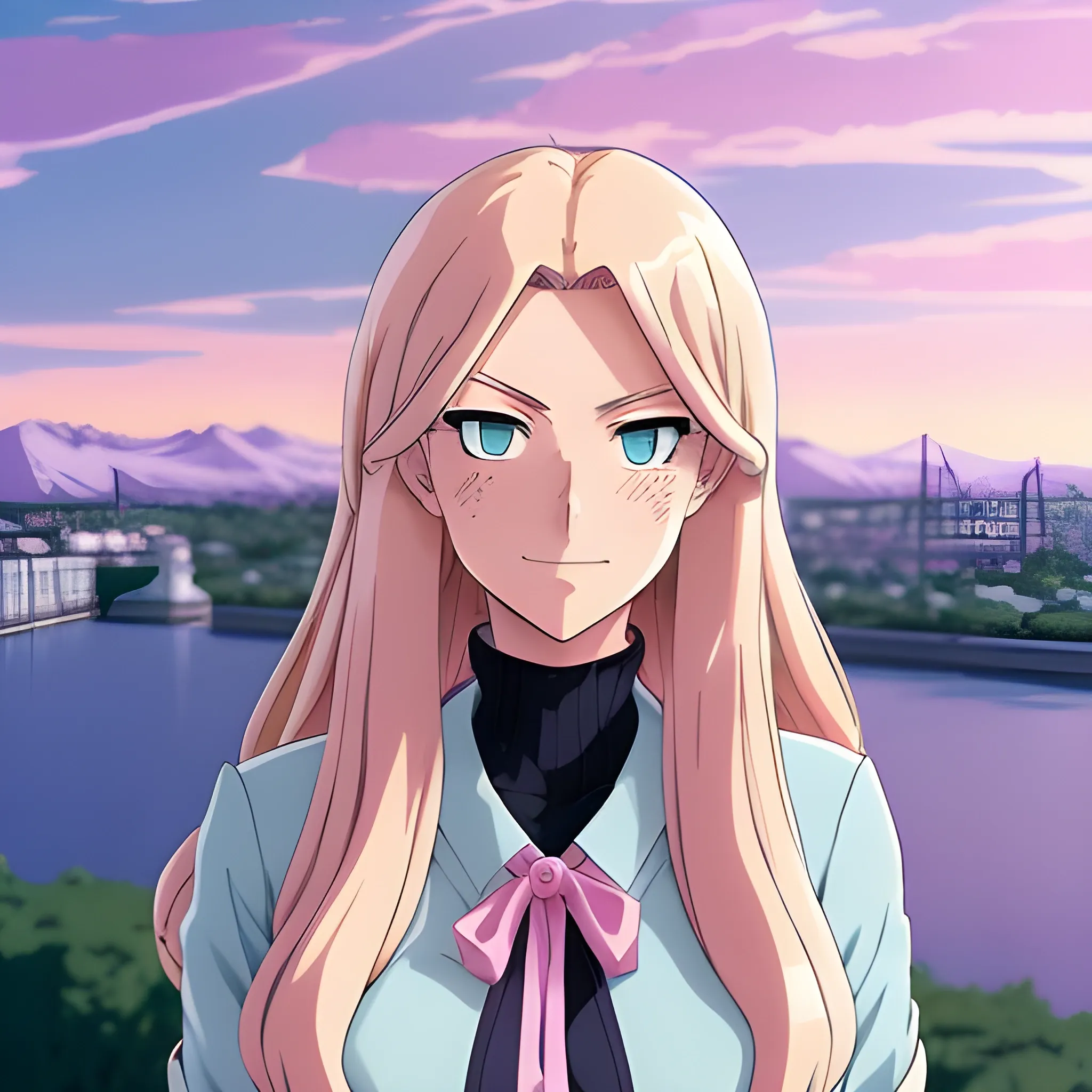 young girl who looks like at Sanni McCandless, , blond semi-long hair, blue eyes, a slightly sad look, highly detailed, my hero academia anime, her clothing style is soft pink coquette but somewhat revealing, a magic sky in background