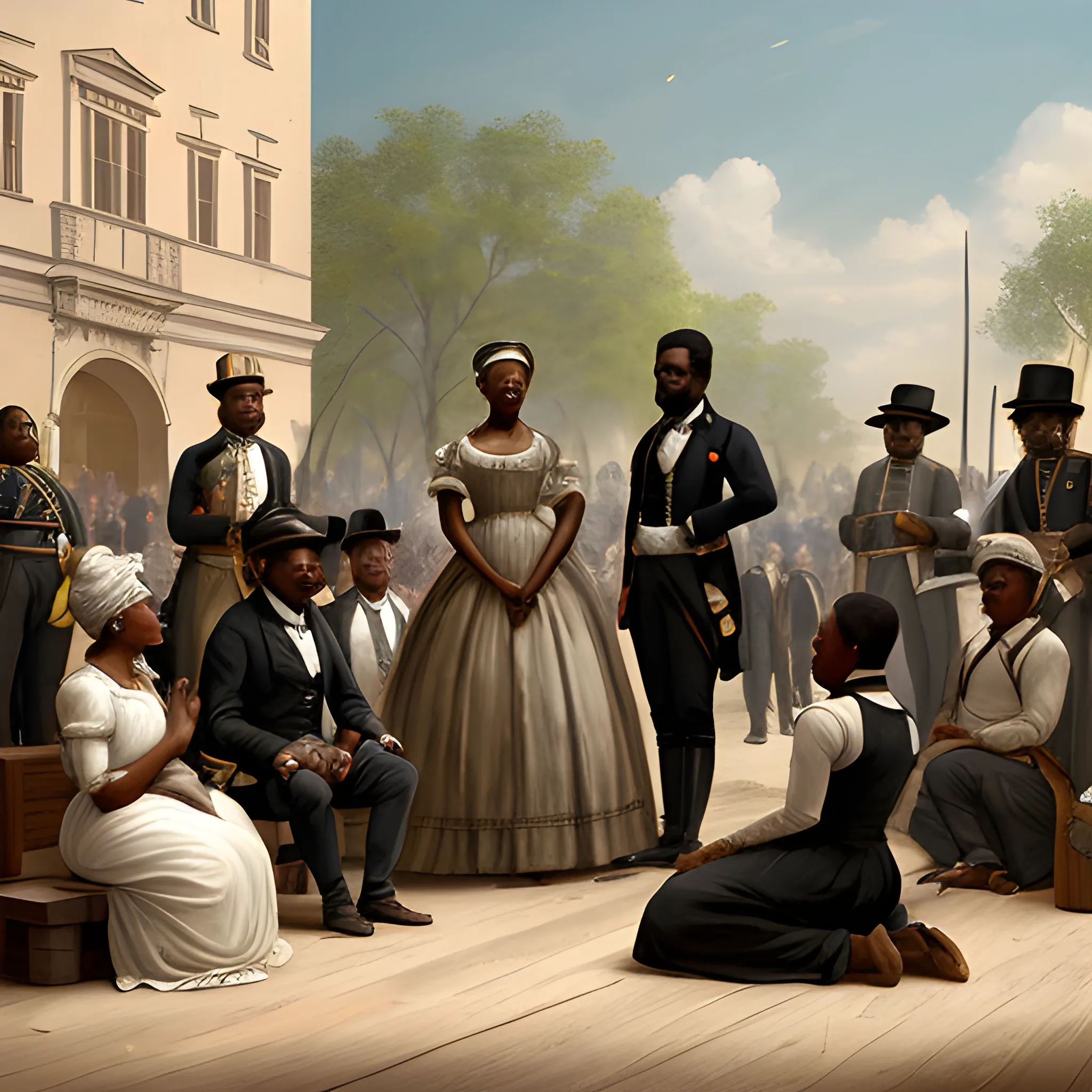 Create an image where the scene shows a public square, surrounded by a diverse group of black slaves who have been freed from slavery. Their expressions reflect joy, hope and a new sense of freedom should include broken chains lying at the feet of General Urbina president of Ecuador, while a book or document represents the law of manumission. The scene is set in 1859, the beginning of the republic. The color palette should be warm and the natural lighting should enhance the solemnity and jubilation of the moment., 3D