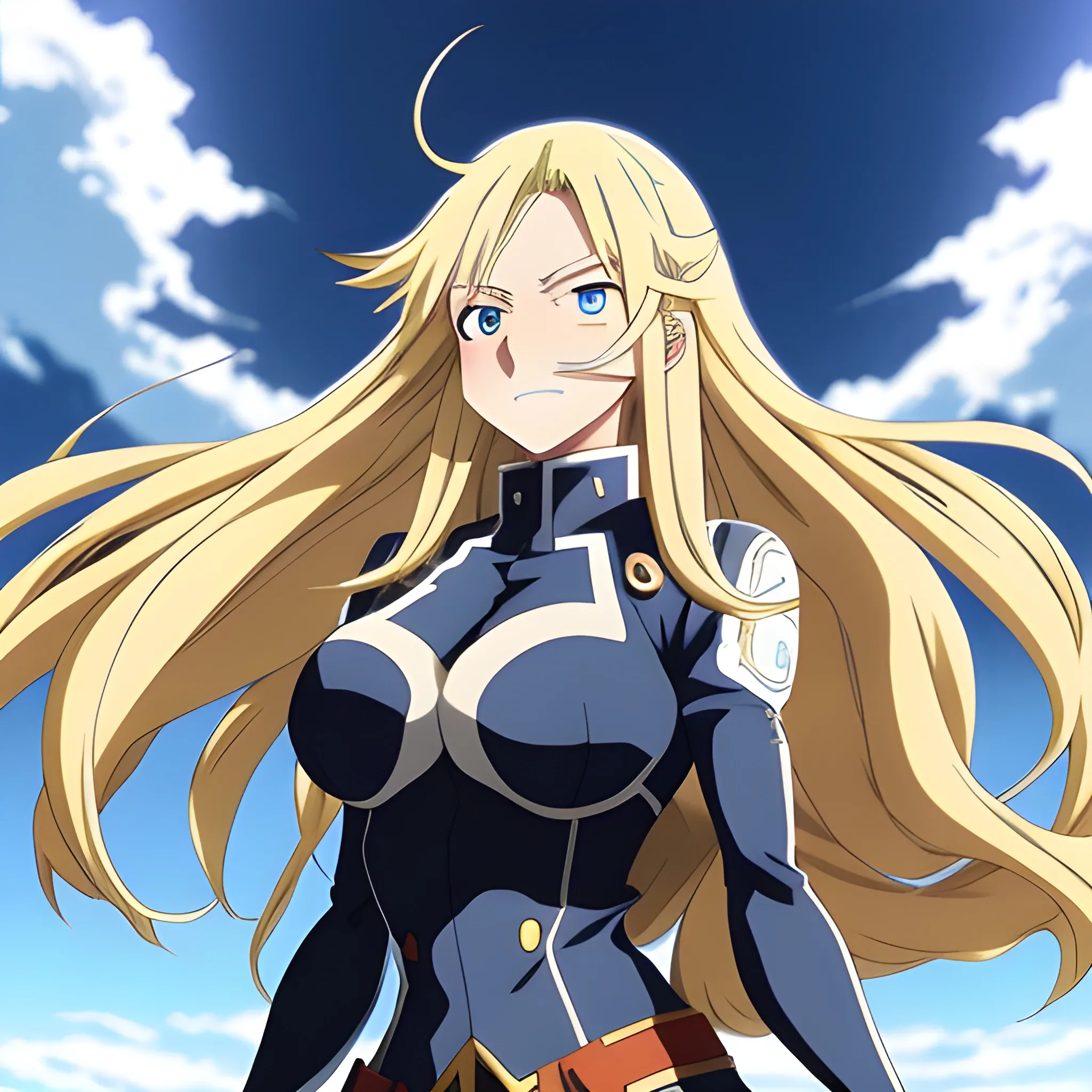 Anime girl with blond semi-long hair in movement, a slightly sad look,  teary blue eyes, highly detailed, my hero academia anime, her clothing style is somewhat revealing, a magic fantasy sky in background, 
