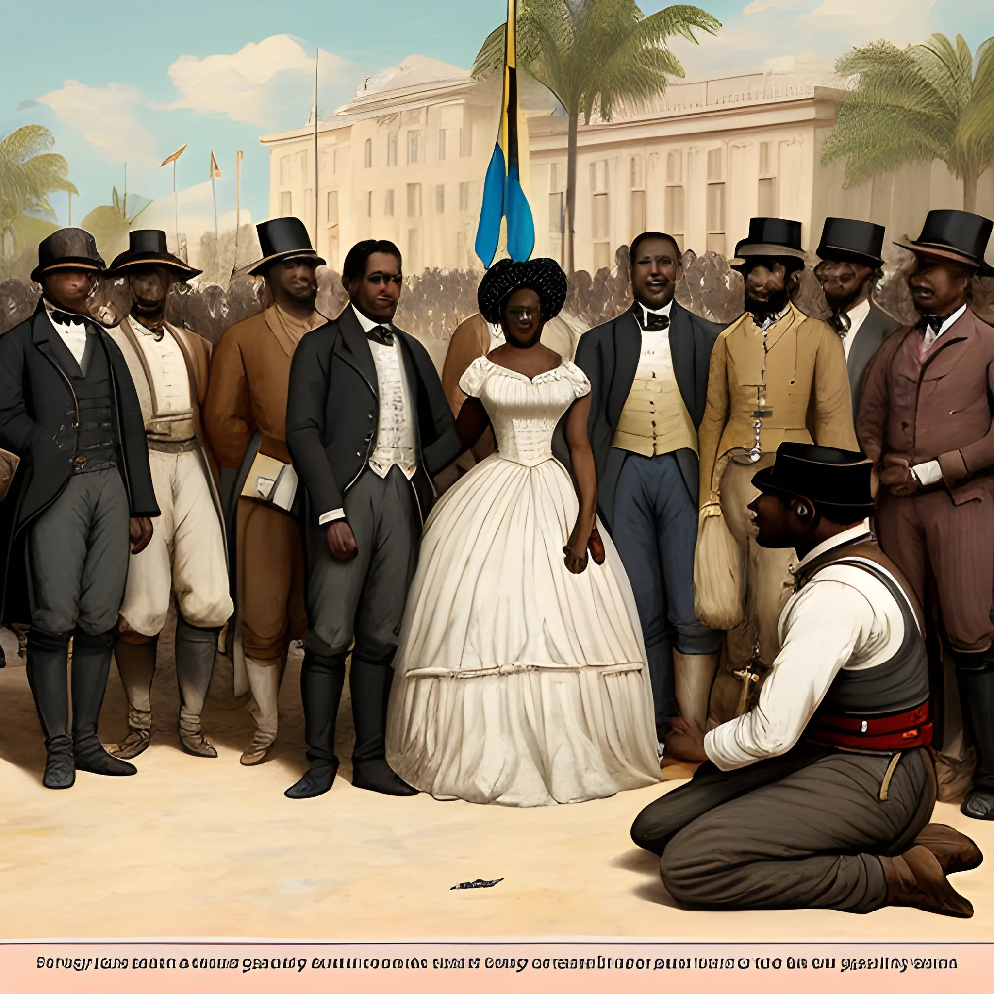 Create an image where the scene shows a public square, surrounded by a diverse group of black slaves who have been freed from slavery. Their expressions reflect joy, hope and a new sense of freedom should include broken chains lying at the feet of General Urbina president of Ecuador, while a book or document represents the law of manumission. The scene is set in 1859, the beginning of the republic. The color palette should be warm and the natural lighting should enhance the solemnity and jubilation of the moment.