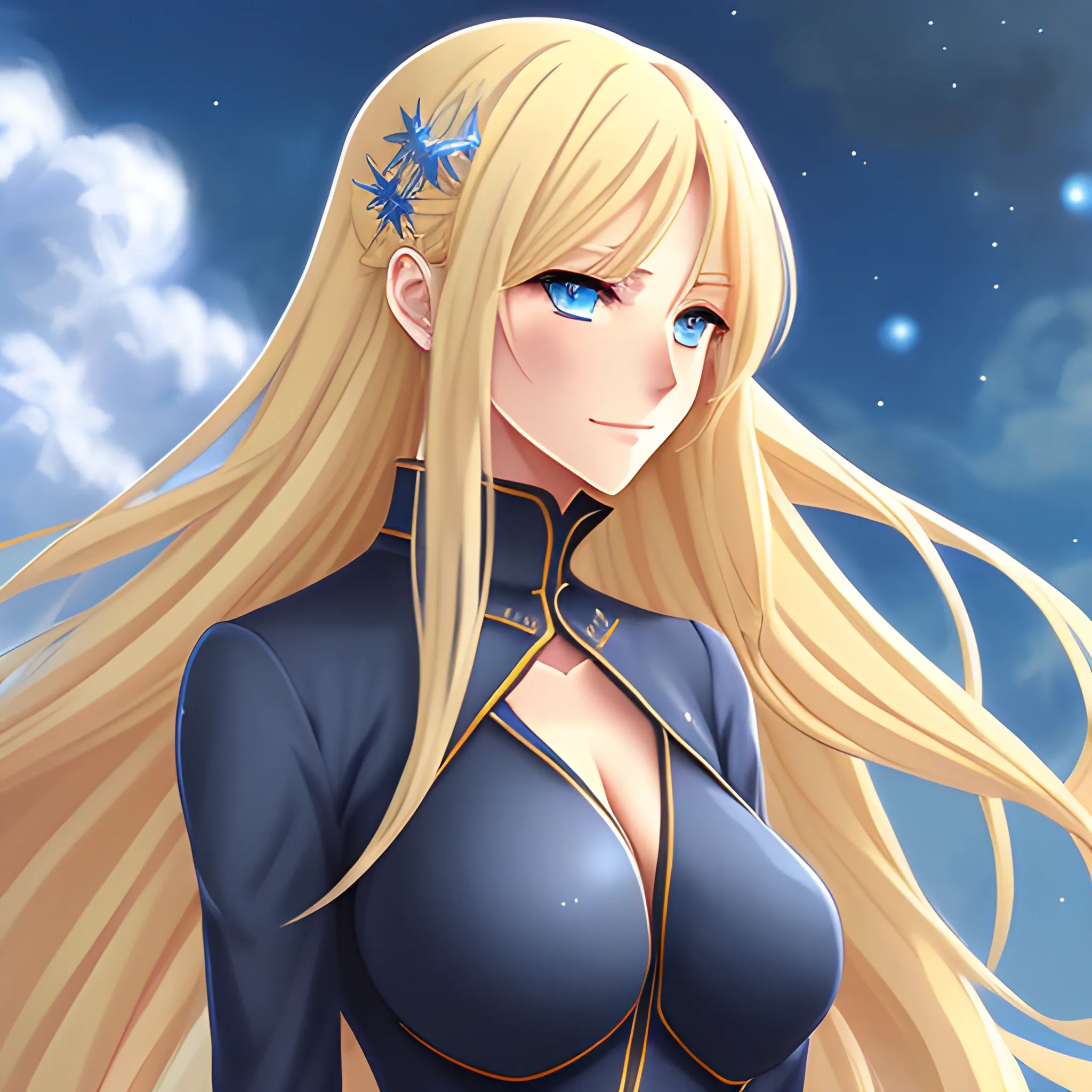 anime art of cute girl with blond semi-long hair in movement, a slightly sad look,  teary blue eyes, highly detailed, her clothing style is somewhat revealing, luminous aura around herself, magic fantasy sky in background, digital painting
