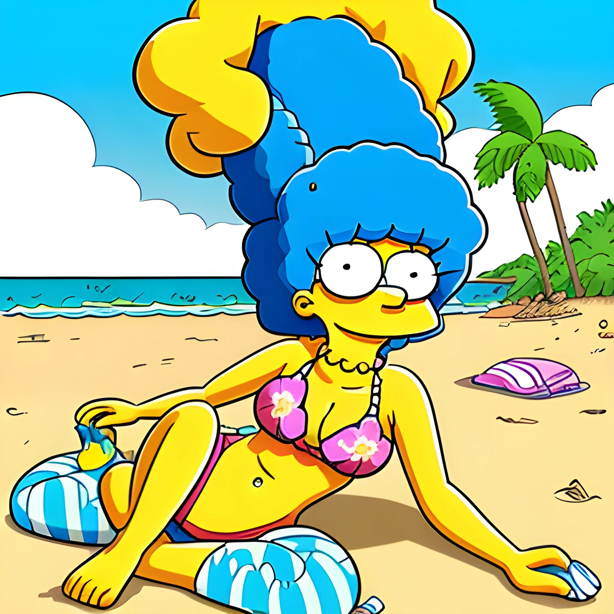 Cartoon-style drawing of Marge Simpson from The Simpsons suntanning on the beach wearing a flower-pattern bikini. Drawn in typical style of Matt Groening's Simpsons, Cartoon