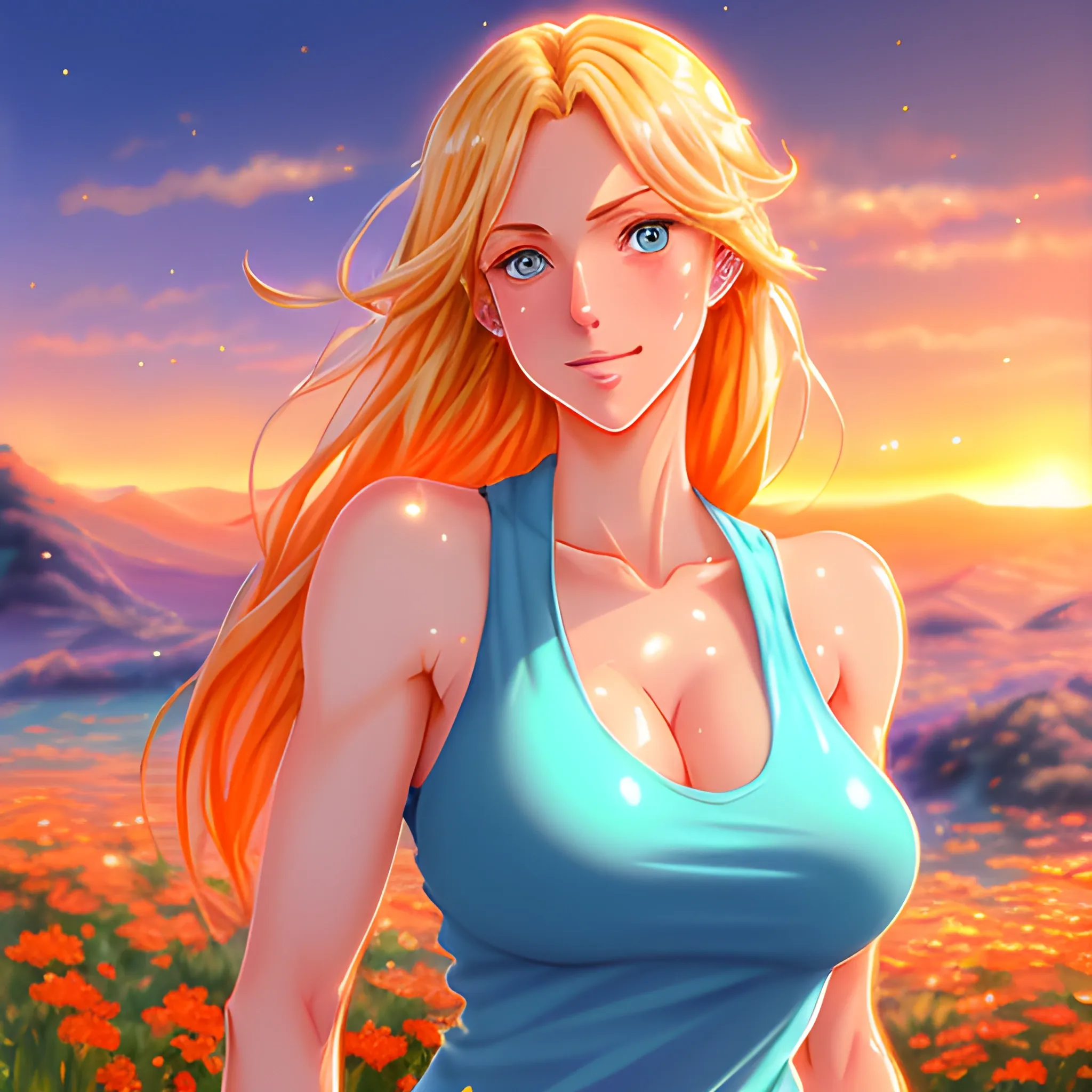 Anime art, cute young girl, shoulder-length blond hair in motion, rosy cheeks, tender face, big watery blue eyes, looks sad ,face, wearing a tank top, small chest, magical and luminous aura around herself, light cinematographic, volumetric light, highly detailed, magic fantasy orange sky in background with sunset and stars, digital painting, size: 3048x3048