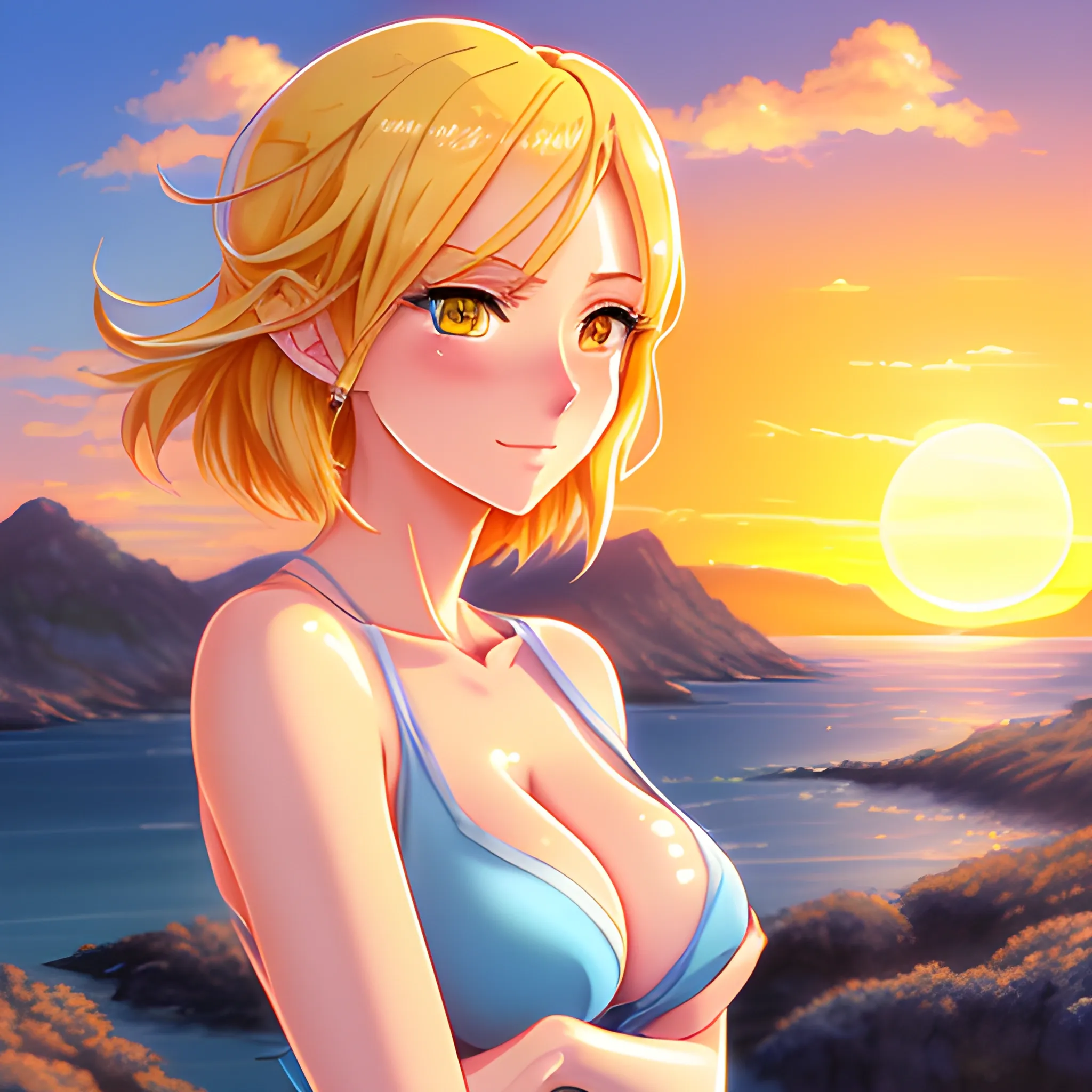 Anime art, cute young girl, shoulder-length blond hair in motion, rosy cheeks, tender face, big watery blue eyes, looks sad ,face, wearing a tank top, small breasts, magical and luminous aura around herself, light cinematographic, volumetric light, highly detailed, magic fantasy orange sky in background with sunset and stars, digital painting, size: 3048x3048