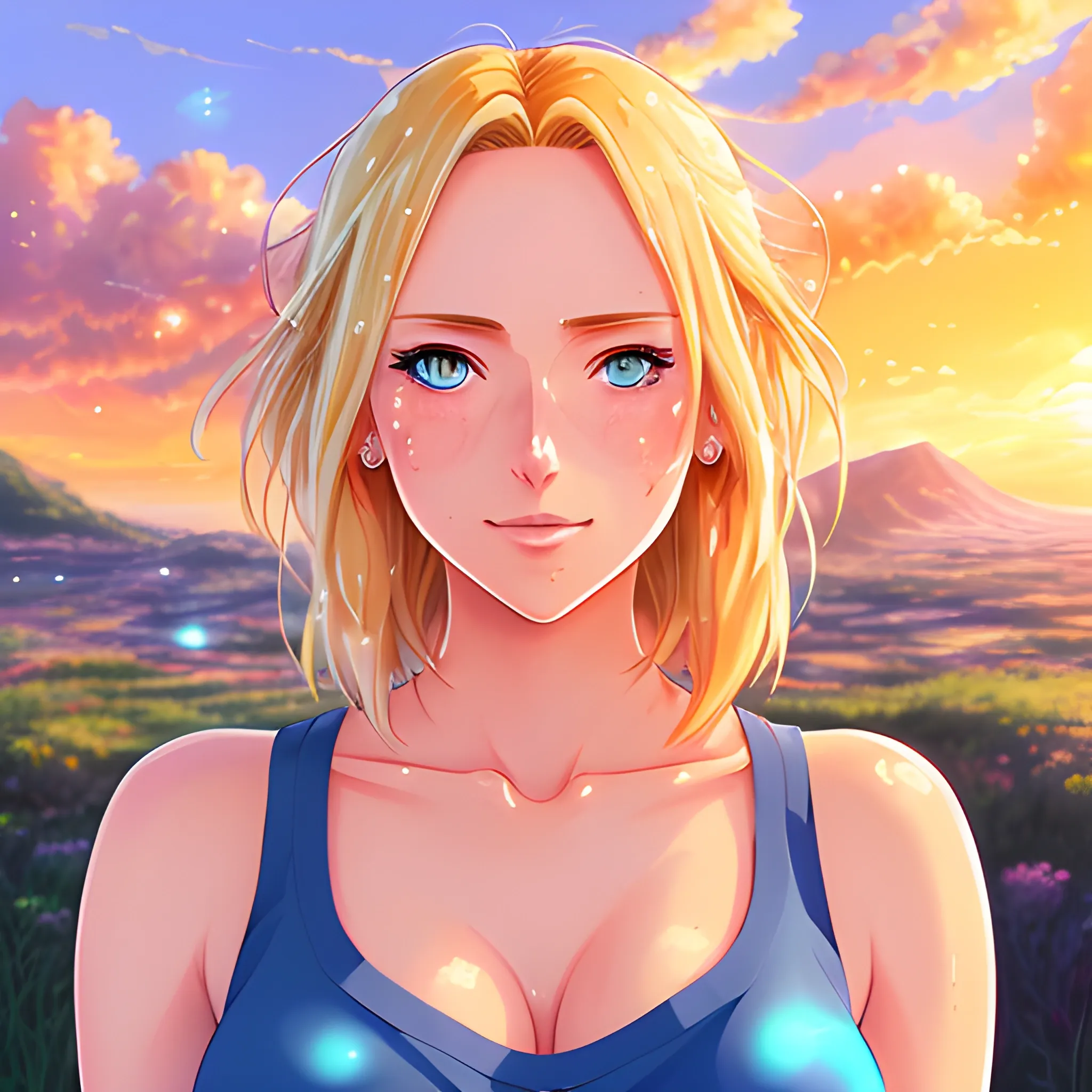 Anime art, cute young girl, shoulder-length blond hair in motion, rosy cheeks, tender face, big watery blue eyes, looks sad face, wearing a tank top not revealing, magical and luminous aura around herself, light cinematographic, volumetric light, highly detailed, magic fantasy orange sky in background with sunset and stars, digital painting, size: 3048x3048