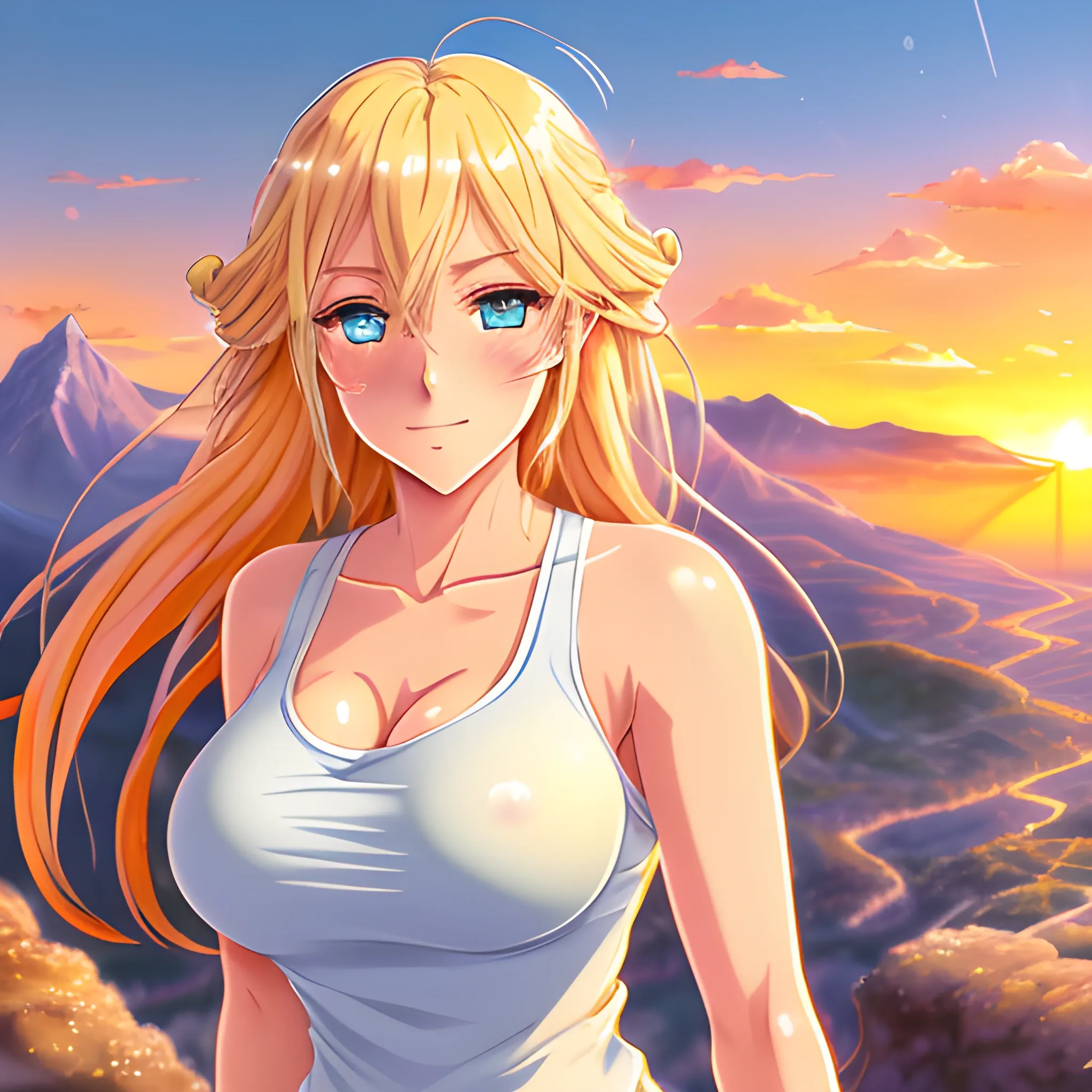 Anime art, cute young girl, semi-long blond hair in motion, rosy cheeks, tender face, big watery blue eyes, looks sad face, small breast, wearing a tank top not revealing, magical and luminous aura around herself, light cinematographic, volumetric light, highly detailed, magic fantasy orange sky in background with sunset, stars and rocky mountains in beginning of dusk, digital painting, size: 3048x3048
