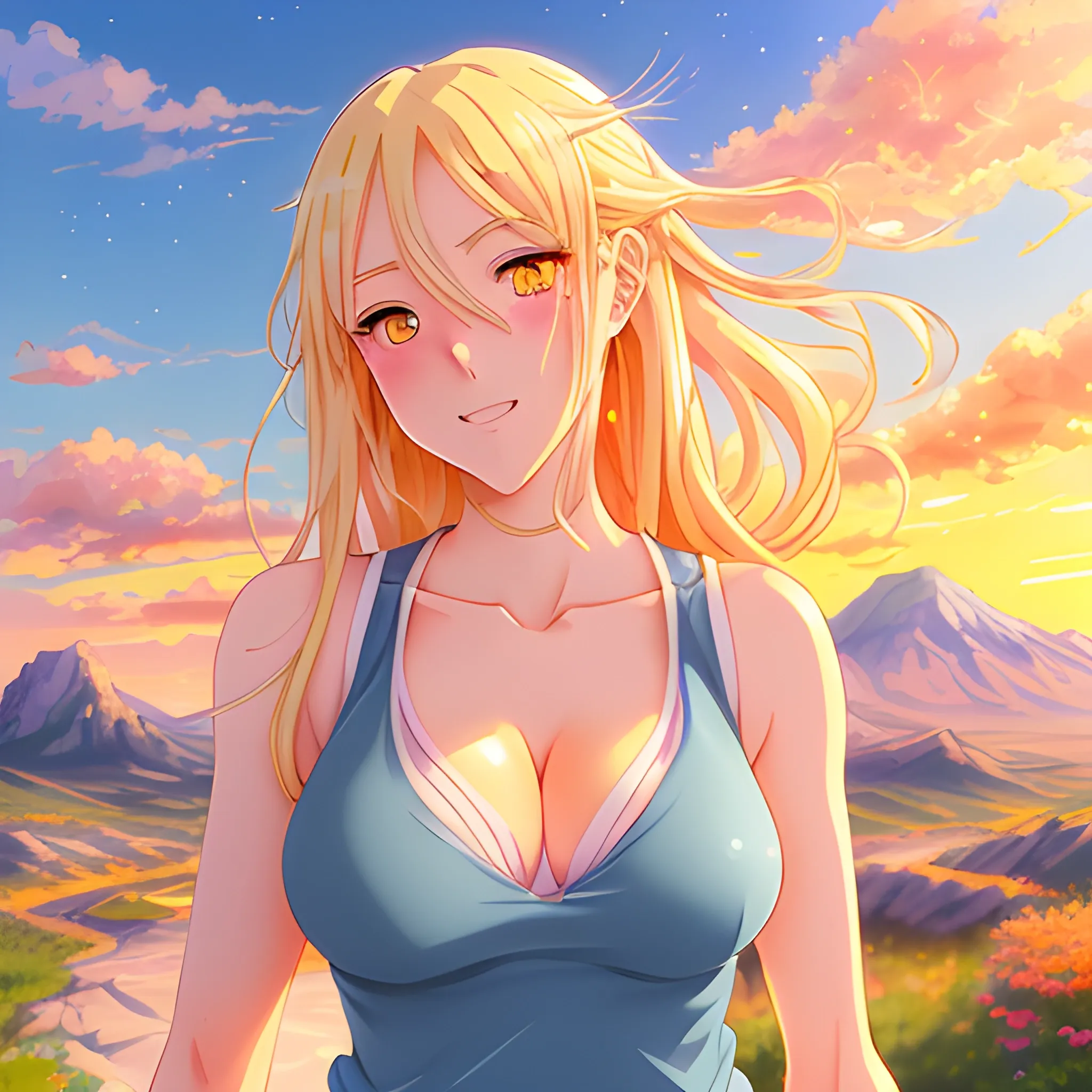 Anime art, cute flat young girl, semi-long blond hair in motion, rosy cheeks, tender face, big watery blue eyes, looks sad face, wearing a tank top not revealing, magical and luminous aura around herself, light cinematographic, volumetric light, highly detailed, magic fantasy orange sky in background with sunset, stars and rocky mountains in beginning of dusk, digital painting, 

size: 3048x3048