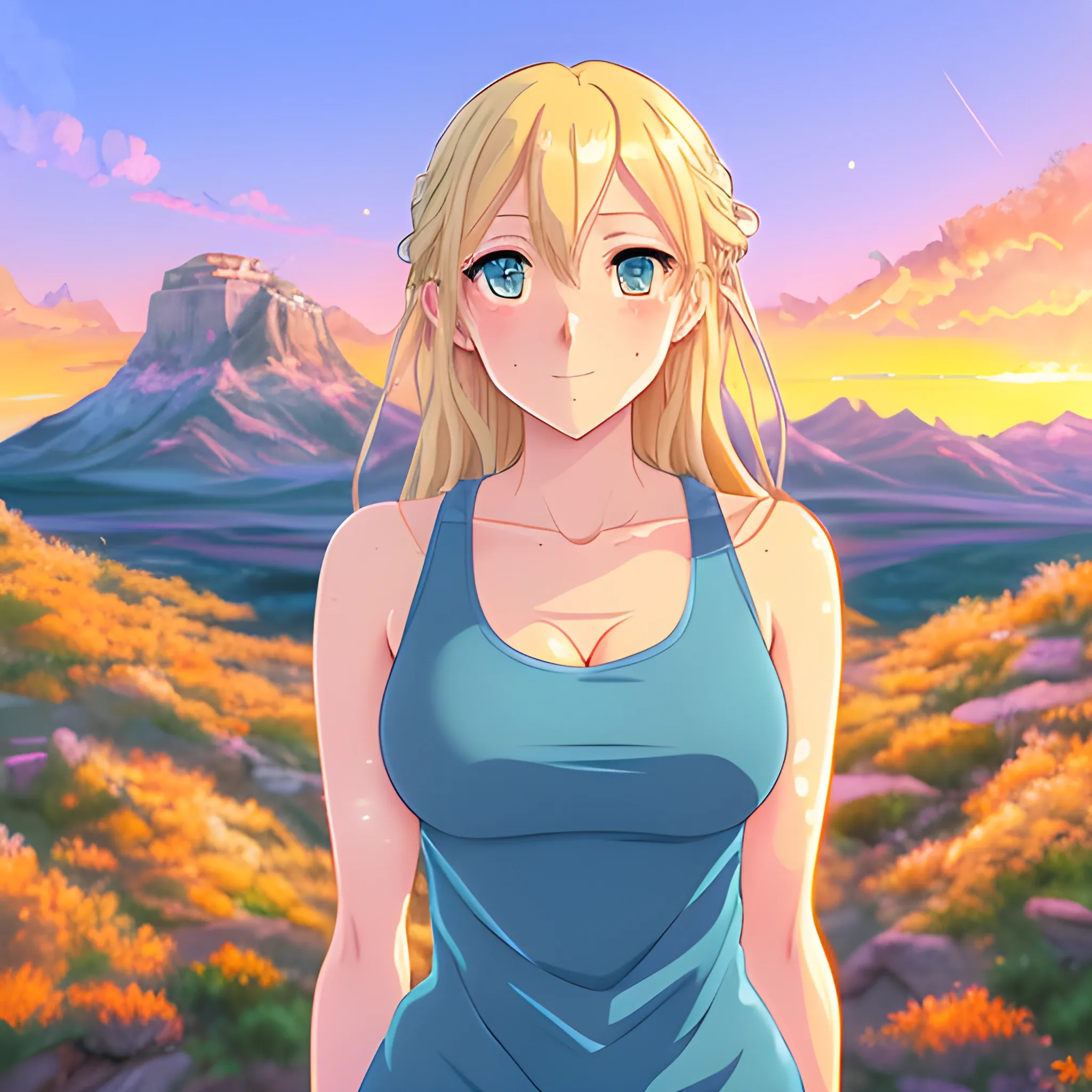 Anime art, cute young girl, thin and flat, semi-long blond hair in motion, rosy cheeks, tender face, big watery blue eyes, looks sad face, wearing a tank top not revealing, magical and luminous aura around herself, light cinematographic, volumetric light, highly detailed, magic fantasy orange sky in background with sunset, stars and big rocky mountains in beginning of dusk, digital painting, 

size: 3048x3048