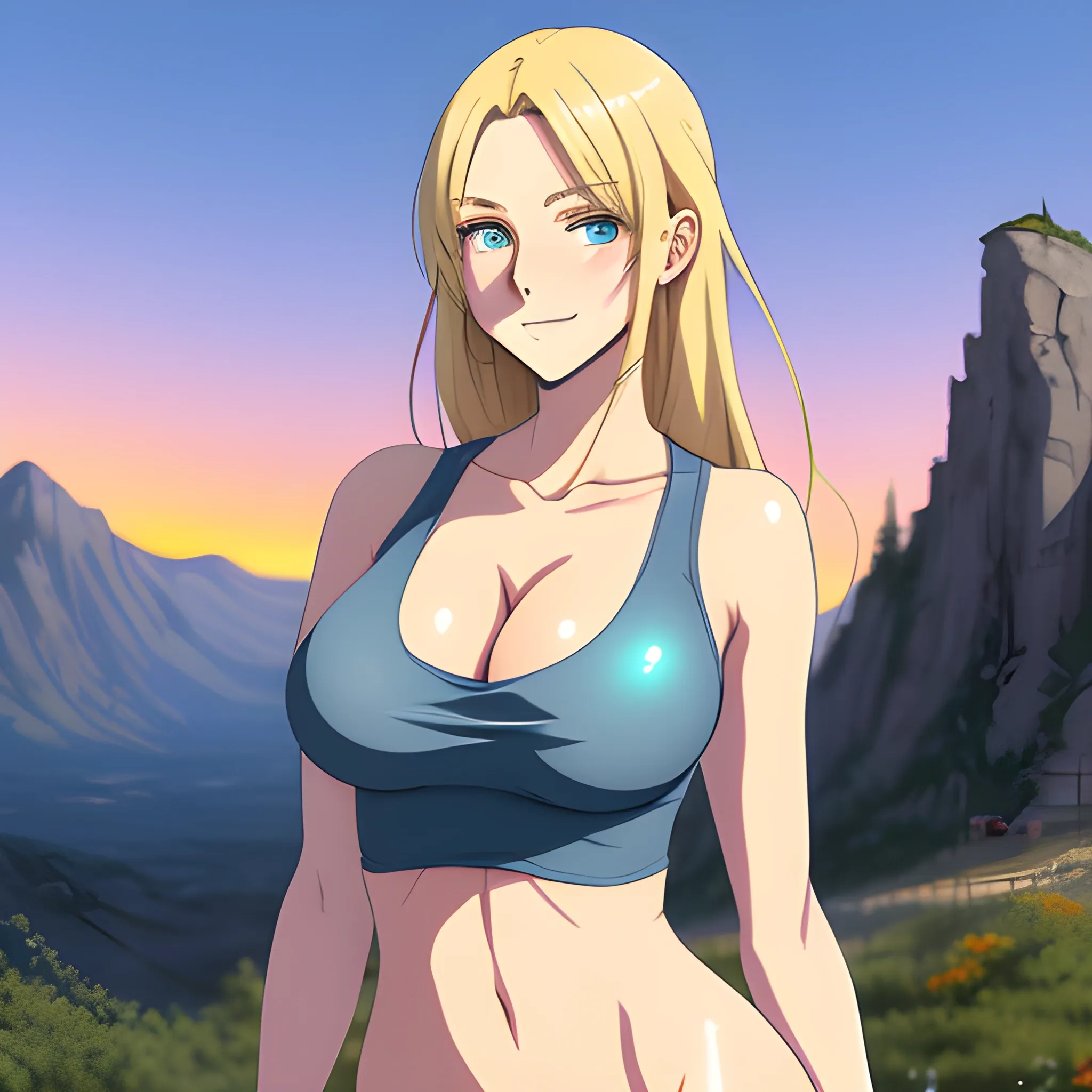 Anime art, cute young girl, thin and flat without breast, semi-long blond hair in motion, rosy cheeks, tender face, big watery blue eyes, looks sad face, tilted face, wearing a tank top not revealing, magical and luminous aura around herself, light cinematographic, volumetric light, highly detailed, magic fantasy orange sky in background with sunset, stars and big rocky mountains in beginning of dusk, digital painting, 

size: 3048x3048