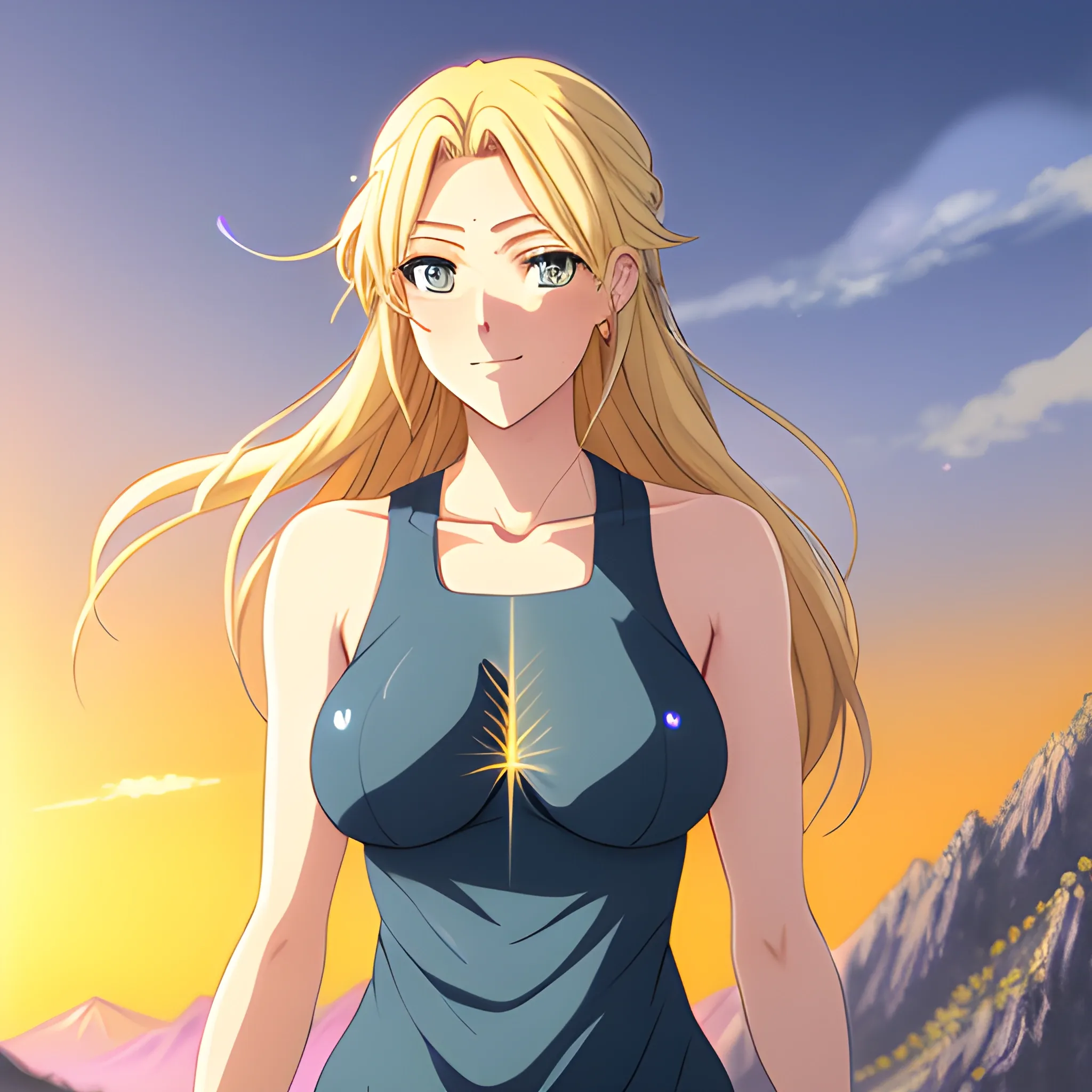 Anime art, cute young girl without breast, semi-long blond hair in motion, rosy cheeks, tender face, big watery blue eyes, looks sad face, tilted face, wearing a tank top not revealing, magical and luminous aura around herself, light cinematographic, volumetric light, highly detailed, magic fantasy orange sky in background with sunset, stars and rocky mountains in beginning of dusk, digital painting, 

size: 3048x3048