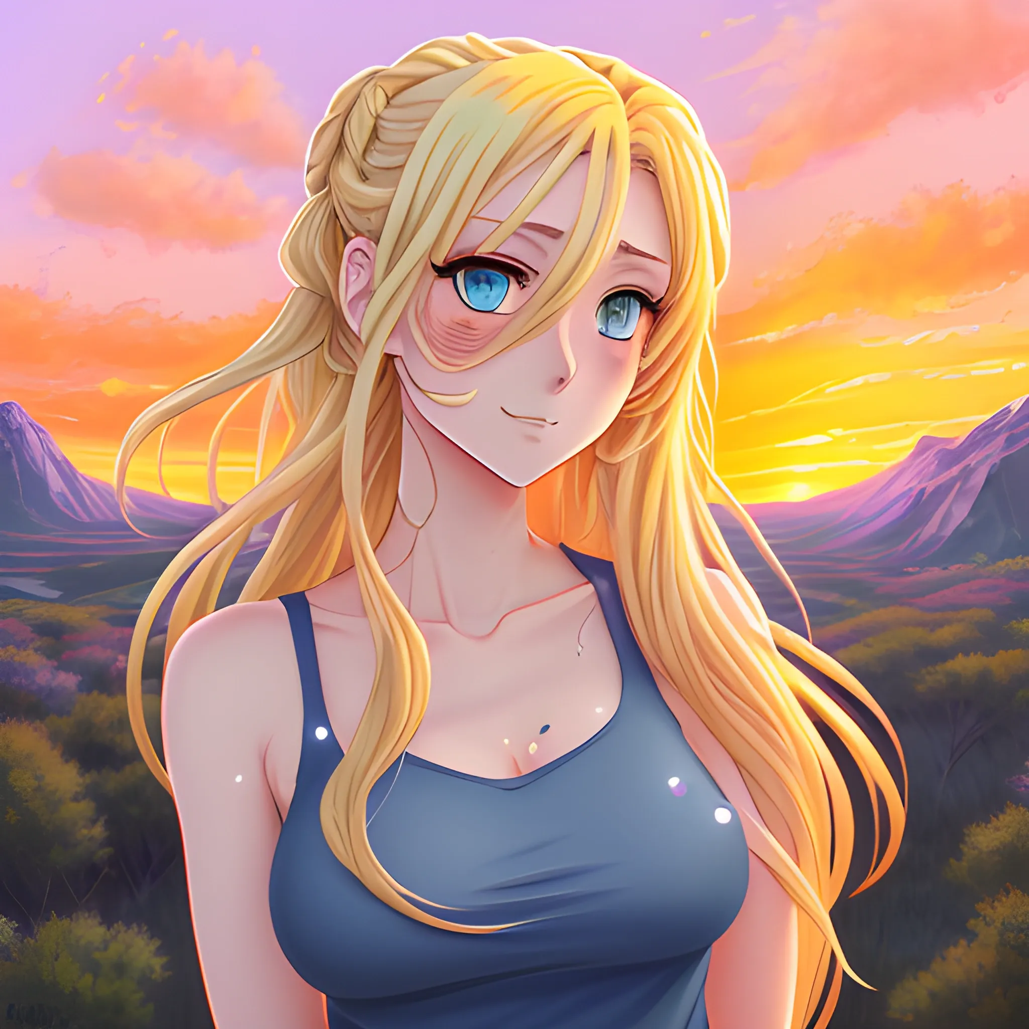 Anime art, portrait of cute young girl , semi-long blond hair in motion, rosy cheeks, with a tattoo on the top of his cheek : 19h19, tender face, big watery blue eyes, looks sad face, tilted face, wearing a tank top not revealing, magical and luminous aura around herself, light cinematographic, volumetric light, highly detailed, magic fantasy orange sky in background with sunset, stars and rocky mountains in beginning of dusk, digital painting, 

size: 3048x3048