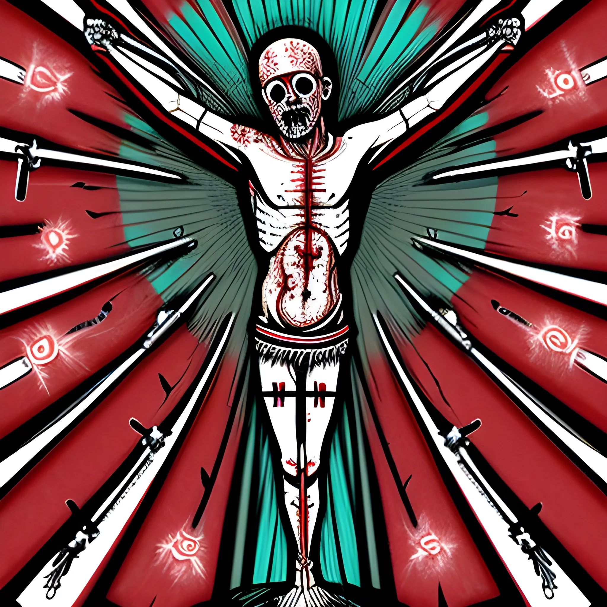 Bloody Inverted crucifixation, Cartoon, Trippy artwork. 