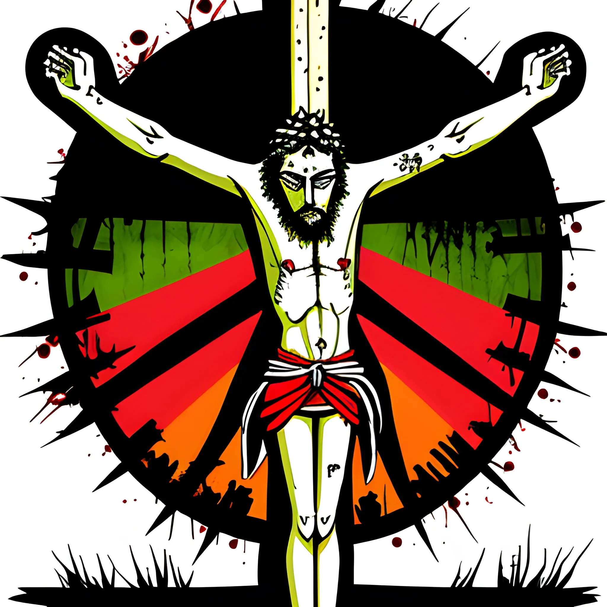 Inverted crucifixion, cartoon artwork, bloody, ganja background. 