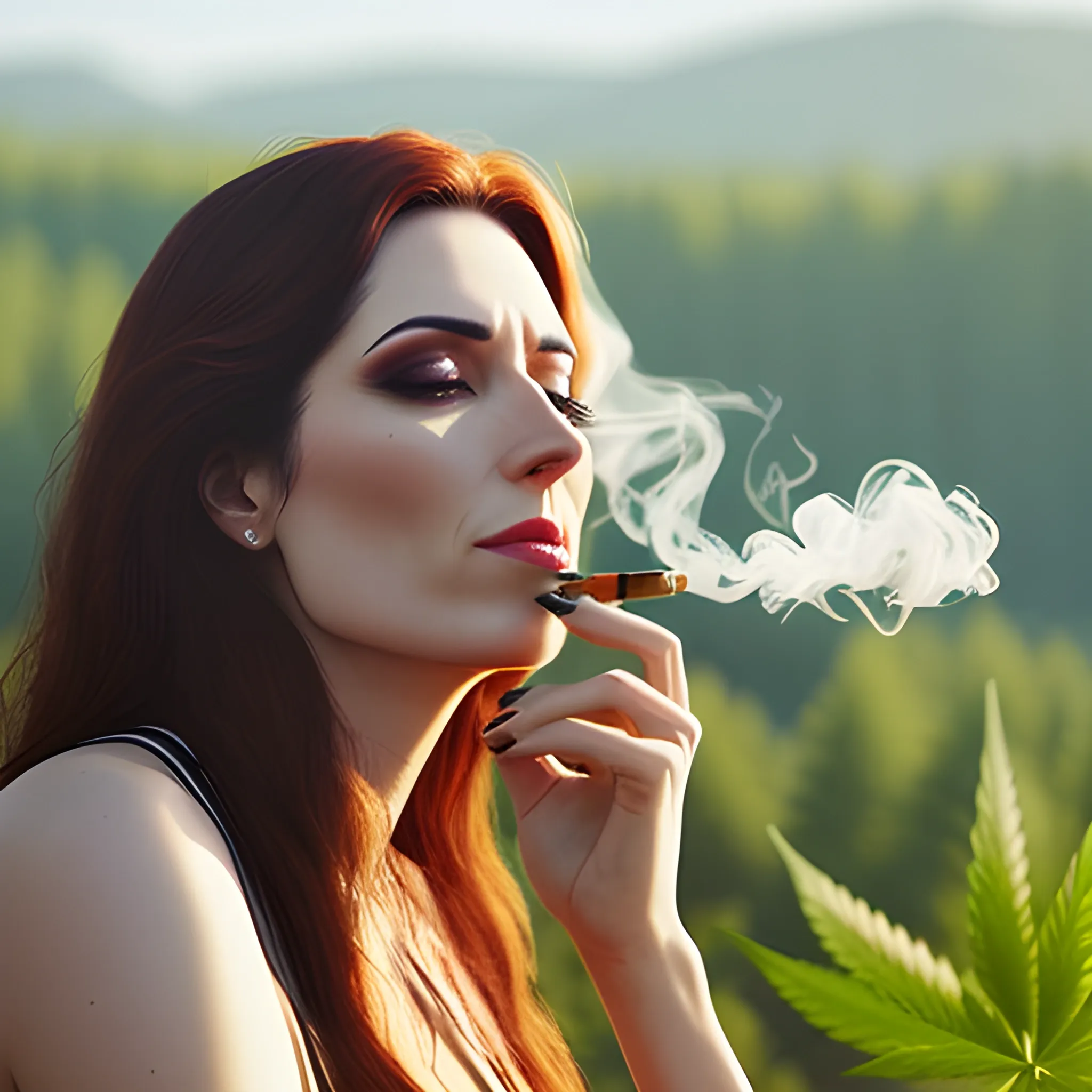 nature, realistic photo, cannabis, high, girl smoking, nice day, detailed
