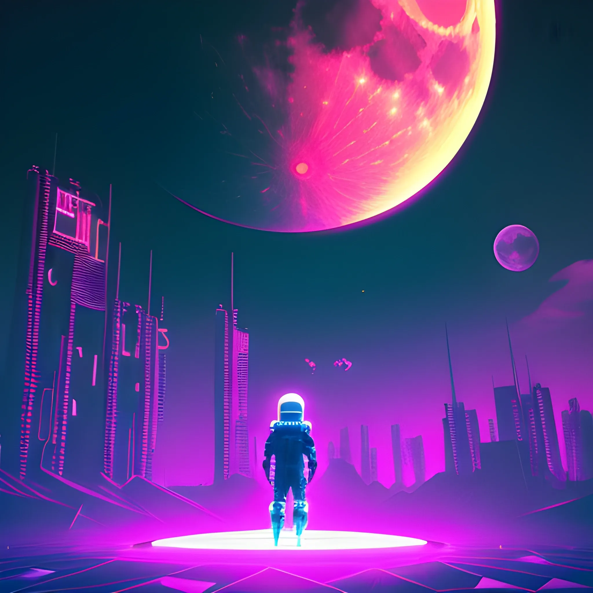video game, abstract, wallpaper, world without man, neon color around, techno neon, high definition, bright and sweet, big moon, image composition, color harmony, contrast, lighting, no hero, 3D
