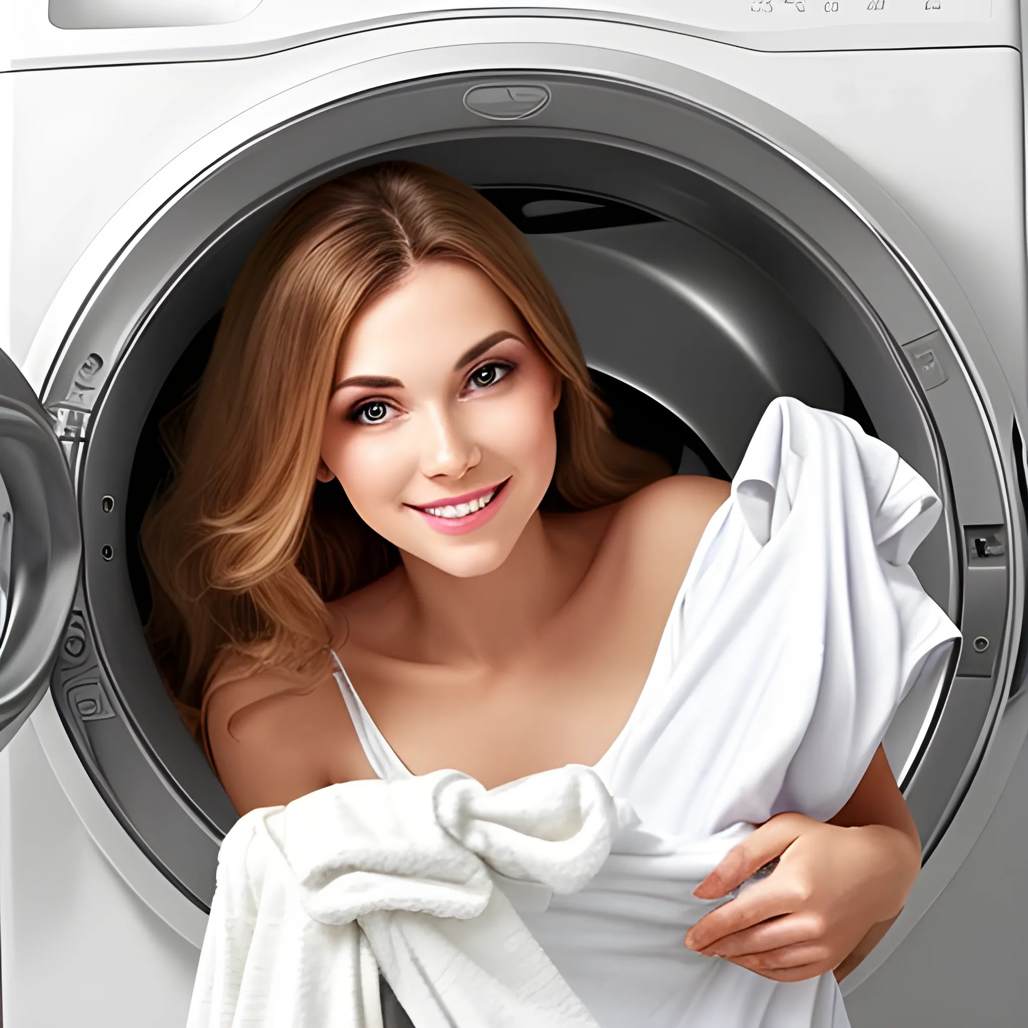 beautiful woman enjoying clean washed laundry