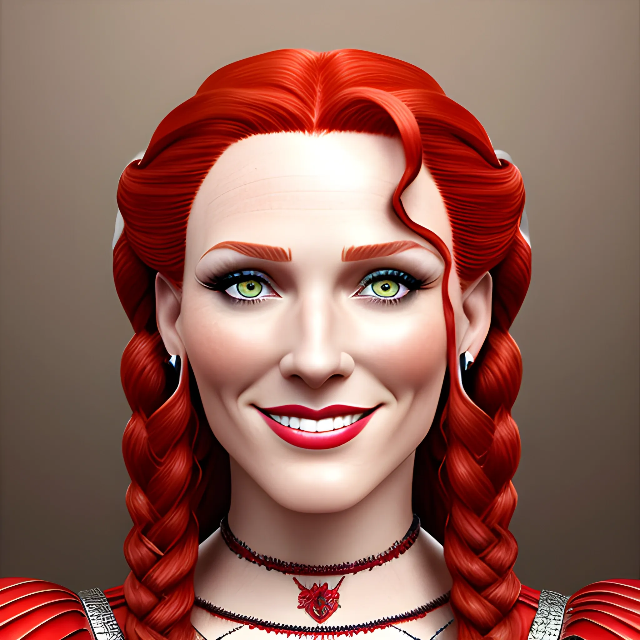 Make picture curly red-haired girl from the cartoon "Braveheart" shoots an arrow, perfect smile, beautiful bright eyes, happiness, fantasy, close-up portrait with red braids, in detailed vintage dress, perfect face, high quality, high resolution, 3D, , Pencil Sketch